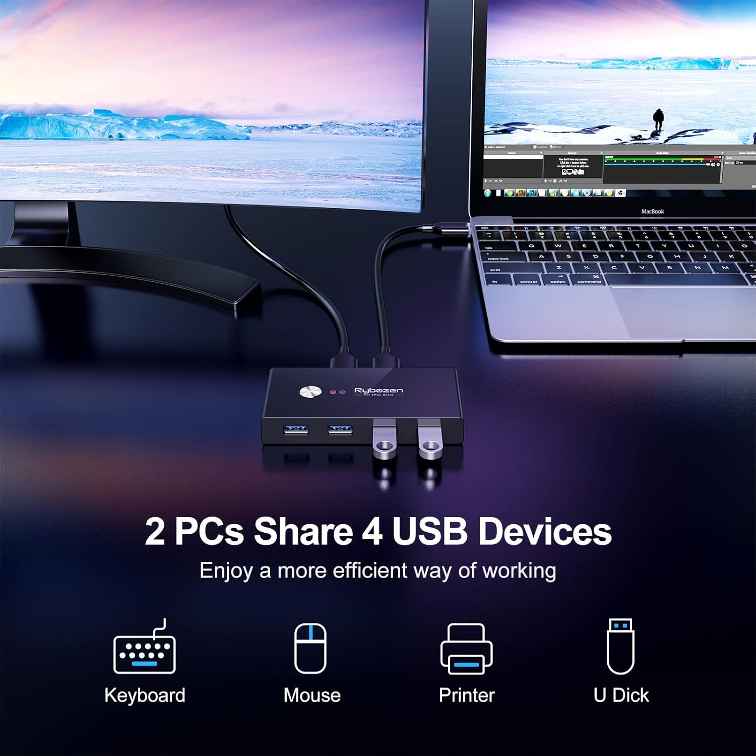 USB 3.0 KVM Switch ,Switch Selector 2 Computer Sharing 4 USB Devices