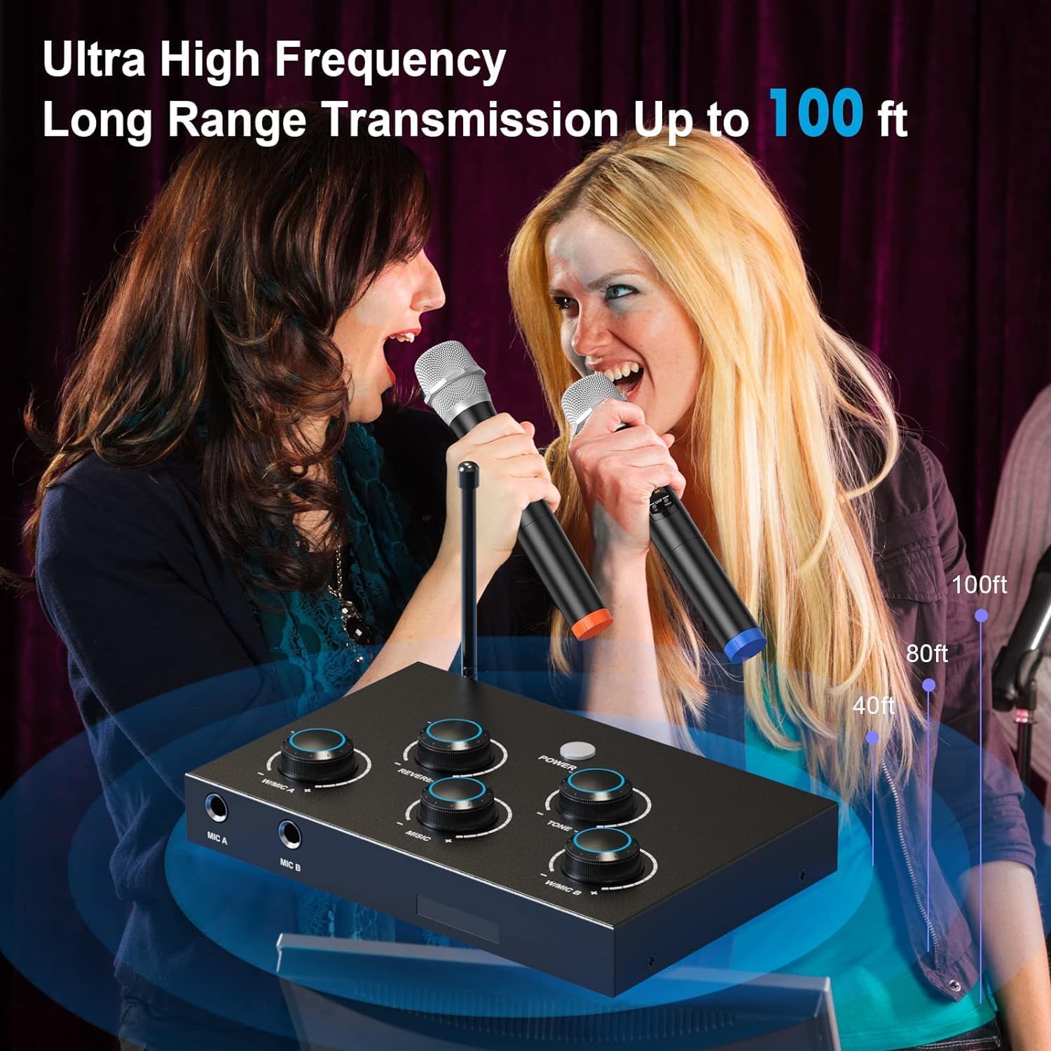 Portable Karaoke Microphone Mixer System Set, with Dual UHF Wireless Mic, HDMI-ARC/Optical/AUX & HDMI In/Out in Singing Receiver for Smart TV, PC, KTV, Home Theater, Amplifier, Speaker