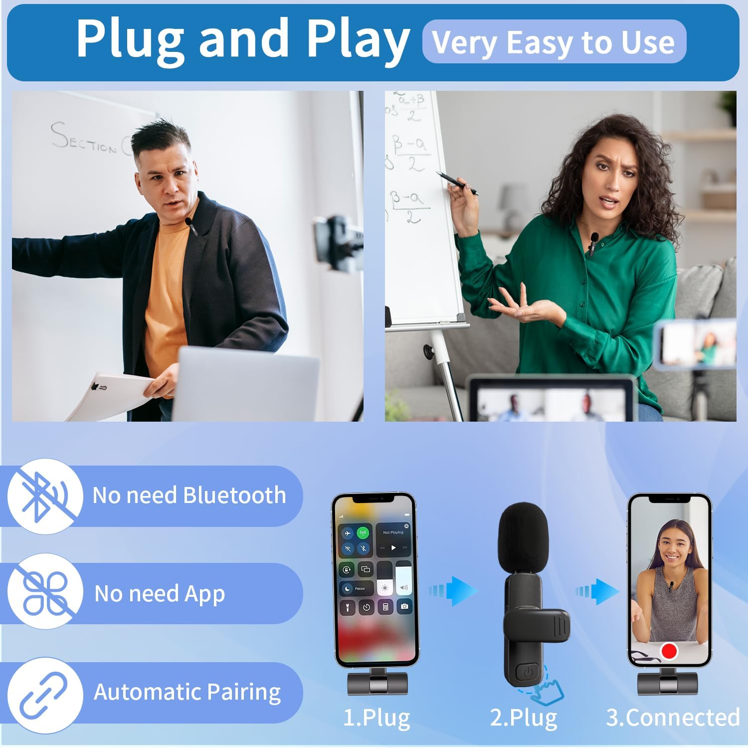 Professional Wireless Microphone for iPhone, iPad, Cordless Lavalier Lapel Omnidirectional Condenser Recording Mic for Video Recording