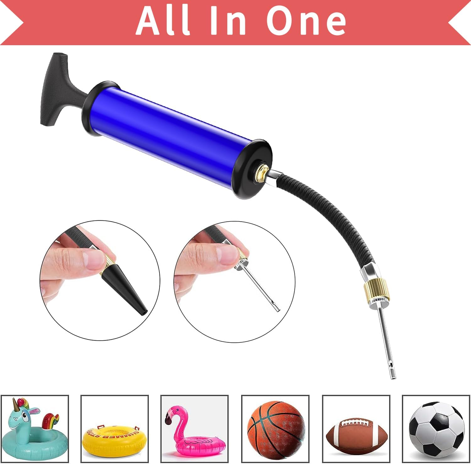 Sports Ball Pump with 5 Needles, Nozzle, Extension Hose, Push & Pull Inflator(blue)