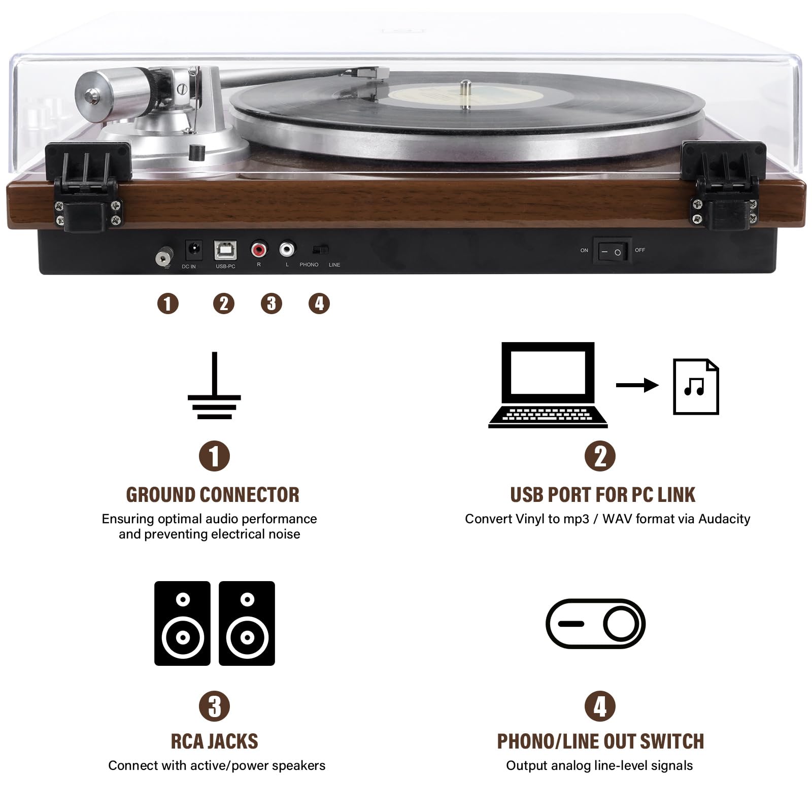 Belt Drive Turntable for Vinyl Record Player,Connect with Bluetooth Speakers or Active Speaker,Built-in Phono Pre-amp,USB Digital Output, Magnetic Cartridge,High-Gloss Wood Design(Brown)