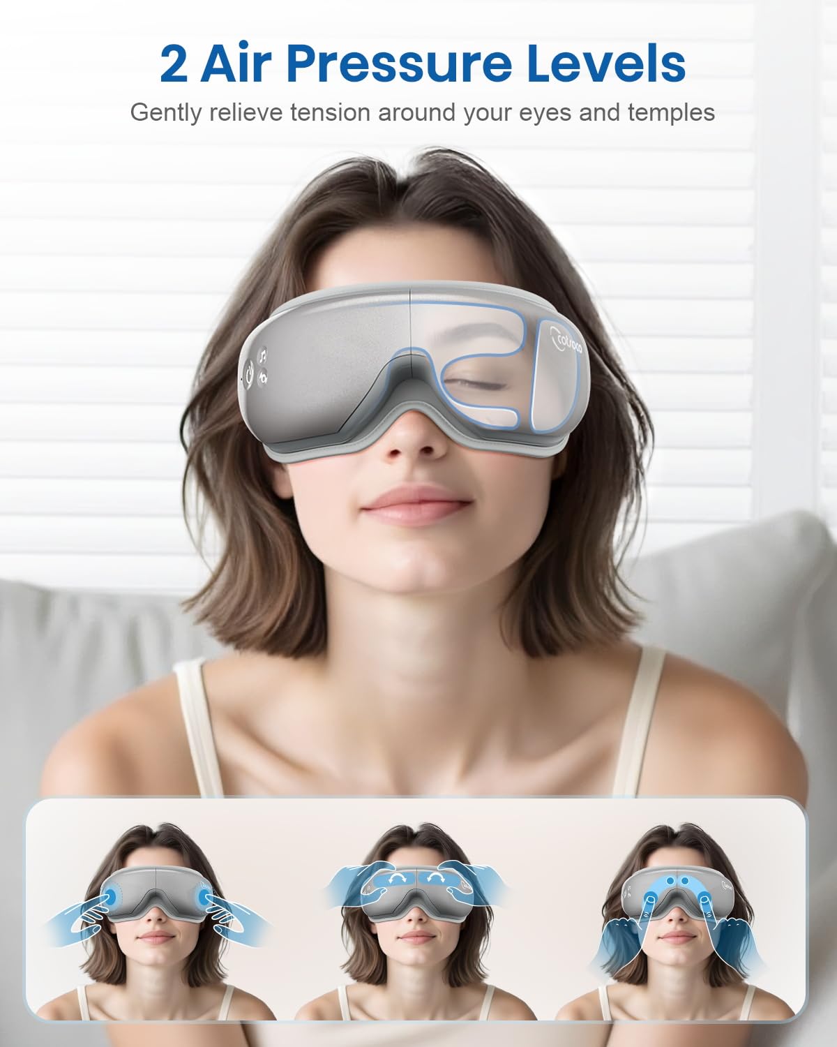 Cotsoco Eye Massager with Heat, Remote, and Compression, Adjustable Foldable Sleep Mask for Relaxing Eyes and Better Sleep, Migraine Relief Device, Birthday Gifts for Women Men Her Him-Gray