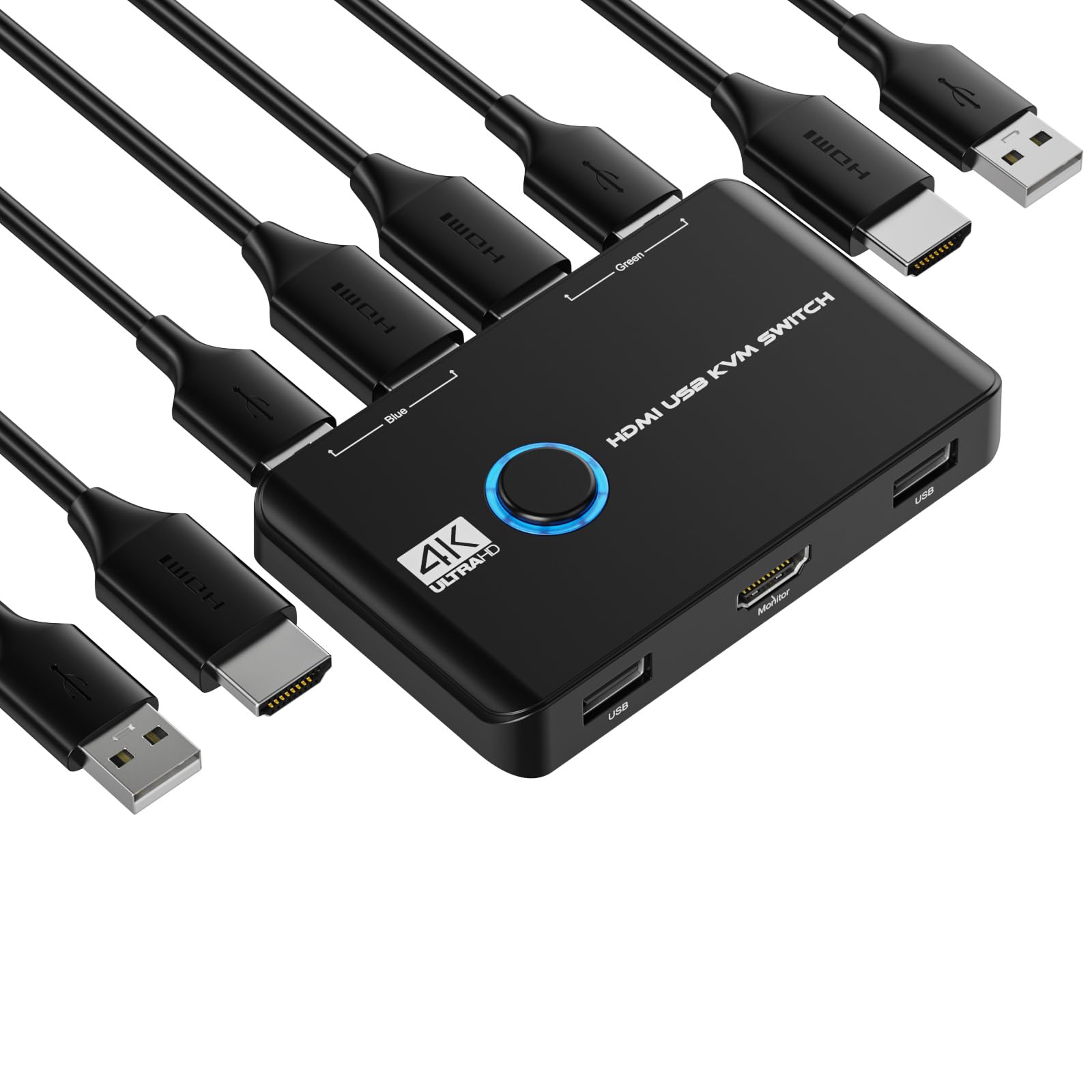KVM Switch, 4K@60Hz KVM Switch 1 Monitors 2 Computers, HDMI KVM Switches for 2 Computers Sharing One HD Monitor and Keyboard Mouse, Button Switch, Plug and Play, 2 HDMI Cables and 2 USB Cables
