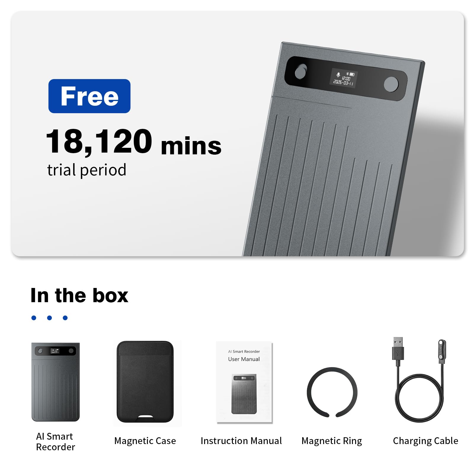 AI Voice Recorder, AI Note Taker 64GB with App Control, AI Technology Transcribe & Summarize Free, 121 Languages, Audio Recorder Device for Meetings & Calls, Ultra-Slim/Display, Magnetic Case, Grey