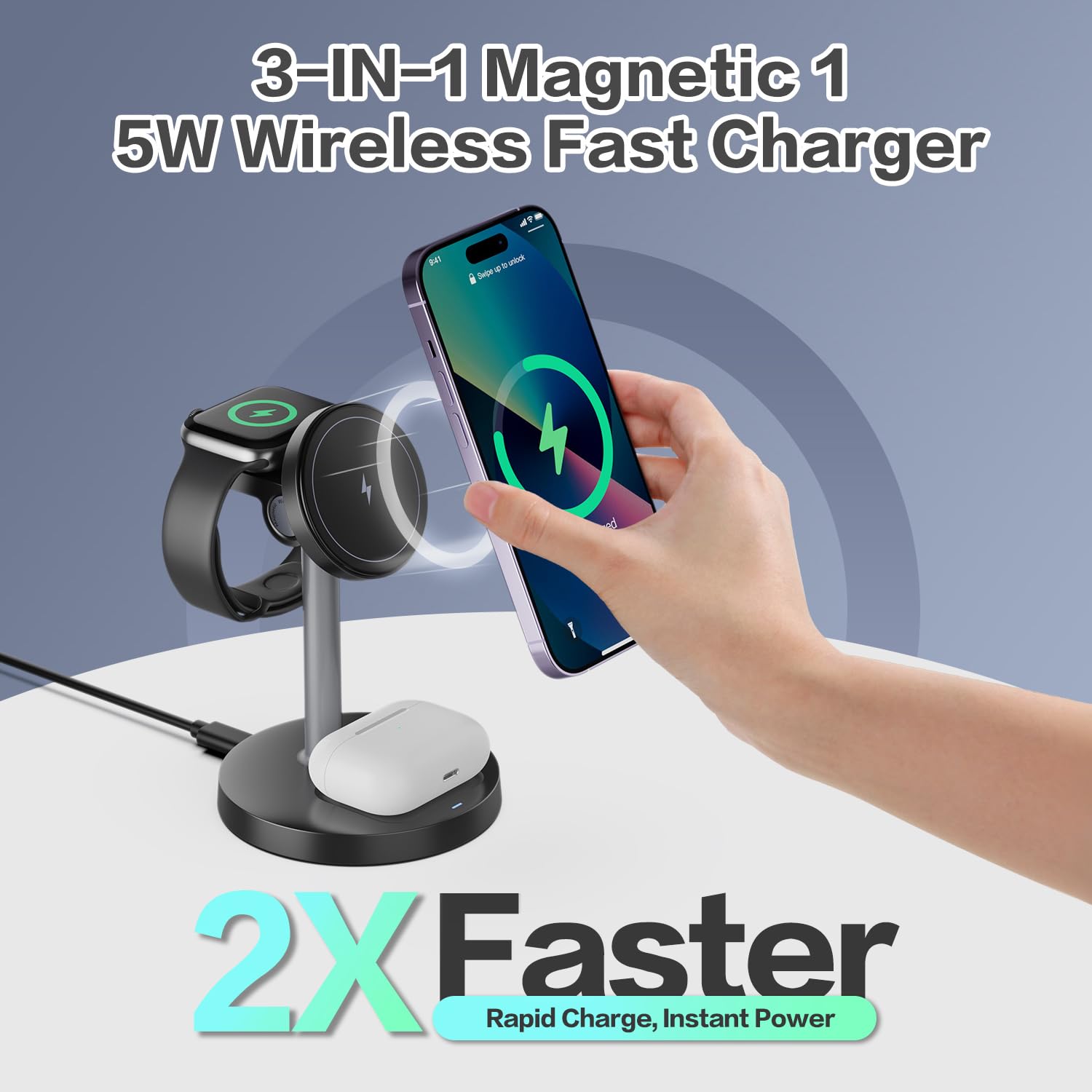 3 in 1 Wireless Charging Station Compatible with MagSafe, 15W Fast Charging Magnetic Mag-Safe Charger Stand for Apple iPhone 17 16 15 14 13 12Series Apple Watch AirPods Pro 4 3 2, Gifts for Men Women