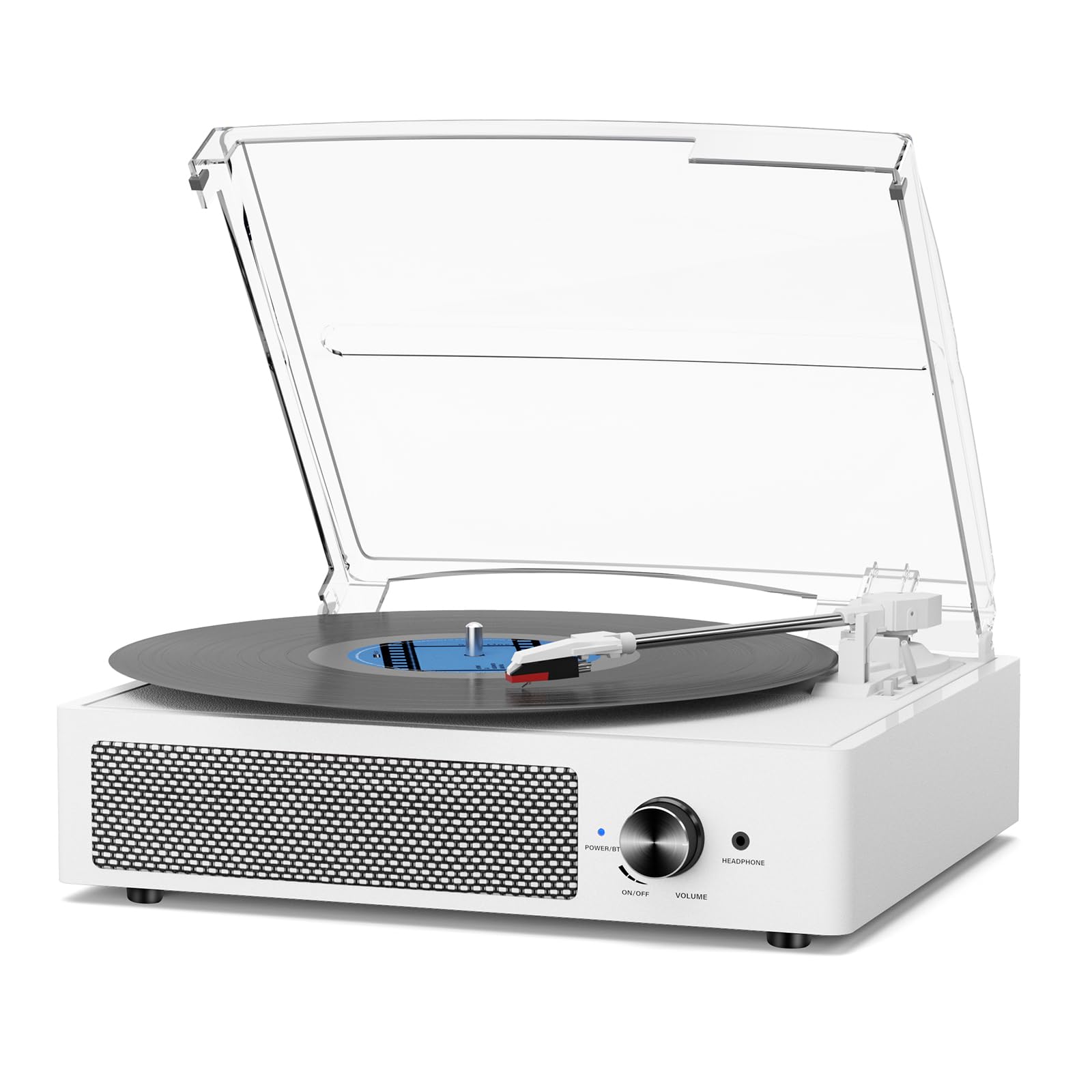 Vinyl Record Player with 2 Stereo Speakers Belt-Driven Vintage Turntables 3 Speed 3 Size Wireless Bluetooth Playback AUX-in RCA Out Headphone LP Vinyl Players Auto Stop Fashion White