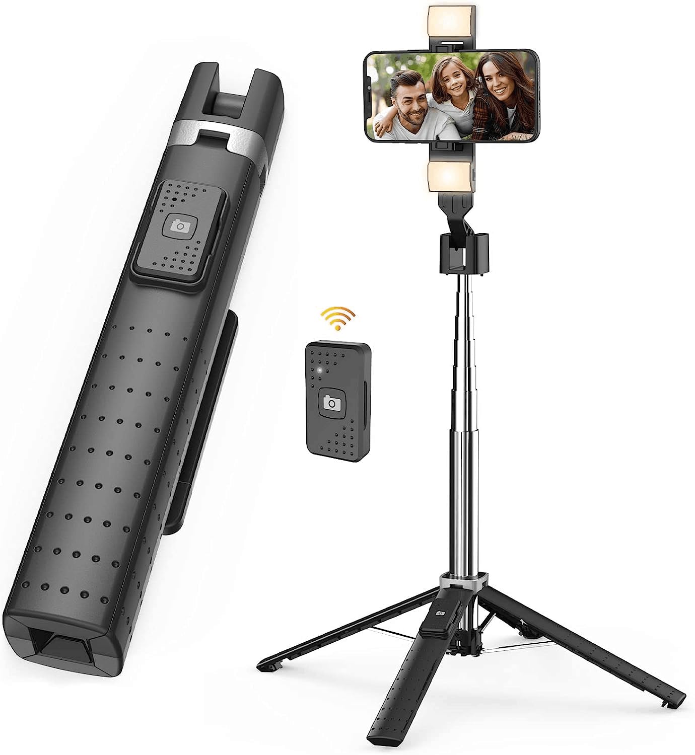 41” Selfie Stick Tripod Quadrapod with 2 Rechargeable Fill Light, Extendable Tripod with Bluetooth Remote, Stainless Steel, 3 Light Modes, 9 Brightness Levels, Compatible for All iPhone & Android