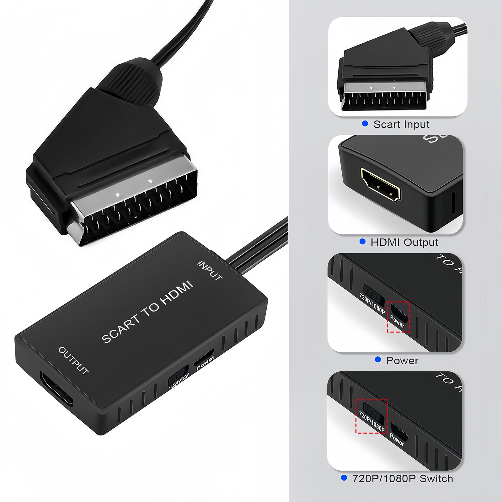Scart to HDMI Converter, Scart to HDMI Cable with 720P/1080P Switch, Scart to HDMI Adapter for TV Monitor Projector, Scart Lead to HDMI Video Converters for VHS DVD Player STB Xbox Wii PS2 PS3 to TV