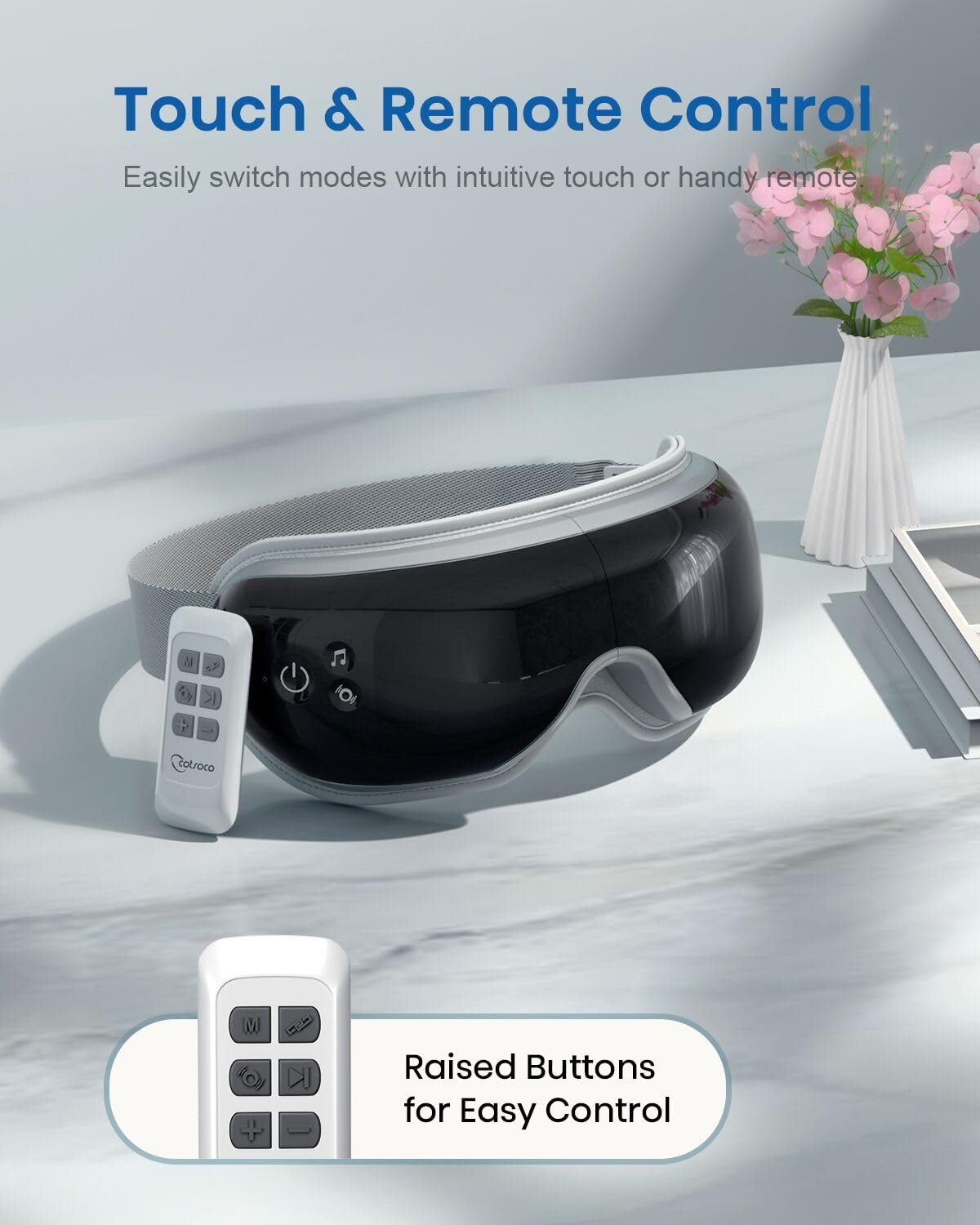 Cotsoco Eye Massager with Heat, Remote, and Compression, Adjustable Foldable Sleep Mask for Relaxing Eyes and Better Sleep, Migraine Relief Device, Birthday Gifts for Women Men Her Him-Black