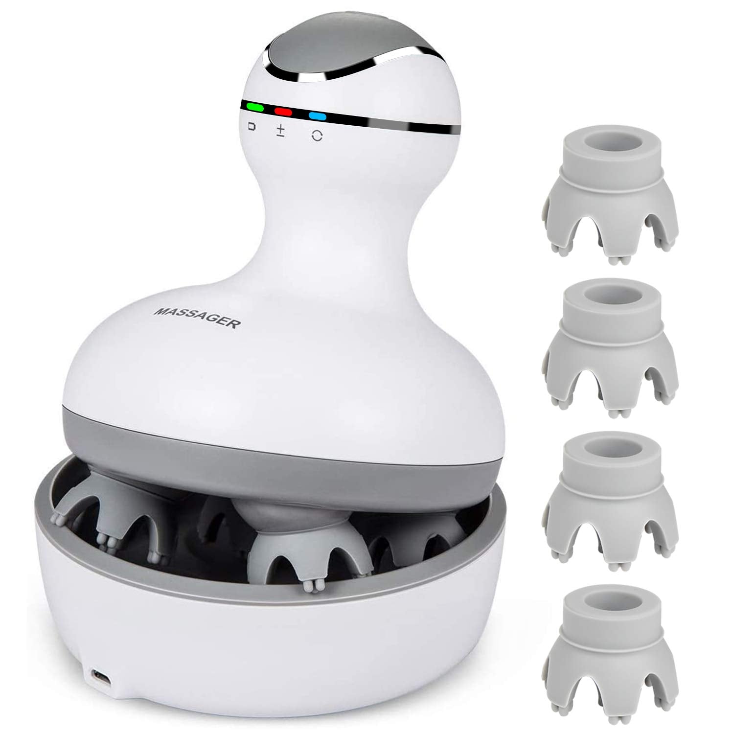 Electric Scalp Head Massager, Waterproof Massager with 4 Heads 84 Nodes for Hair Growth and Stress Release Massage-white