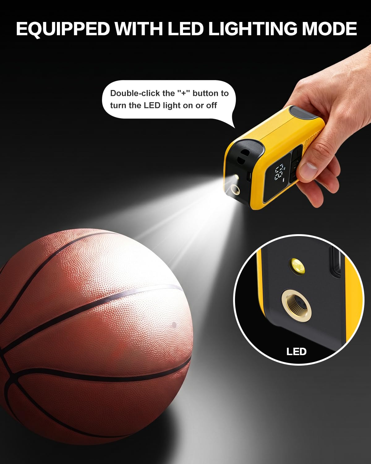 Motorenbau Electric Ball Pump for Sports Balls with LCD Display & LED Light-yellow