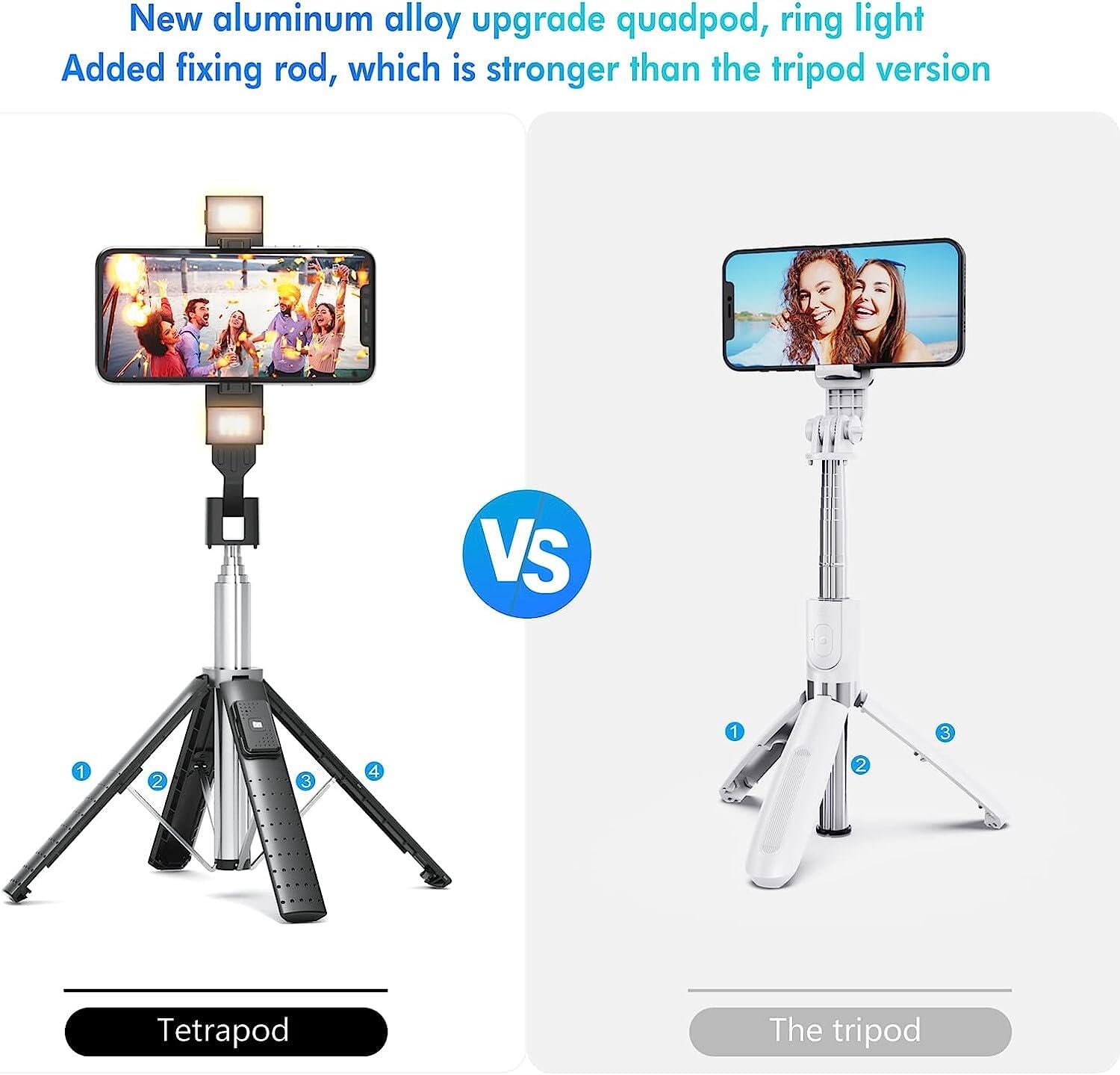 41” Selfie Stick Tripod Quadrapod with 2 Rechargeable Fill Light, Extendable Tripod with Bluetooth Remote, Stainless Steel, 3 Light Modes, 9 Brightness Levels, Compatible for All iPhone & Android