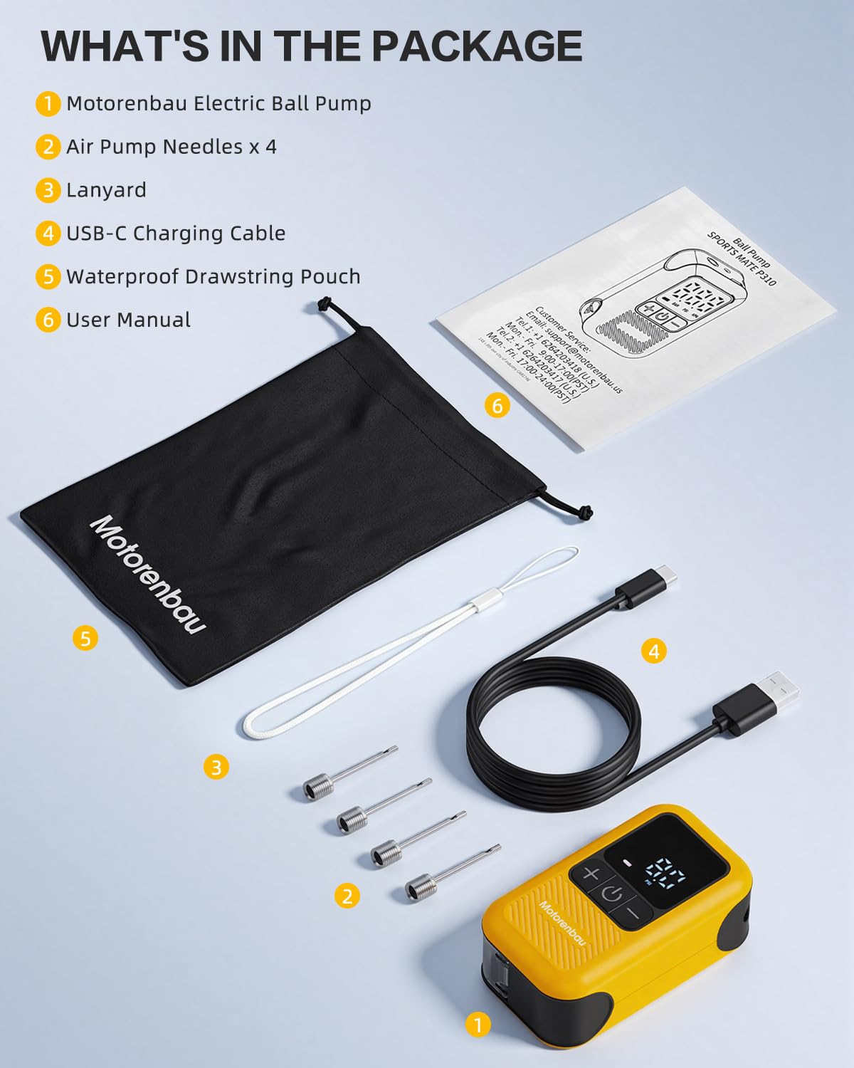Motorenbau Electric Ball Pump for Sports Balls with LCD Display & LED Light-yellow