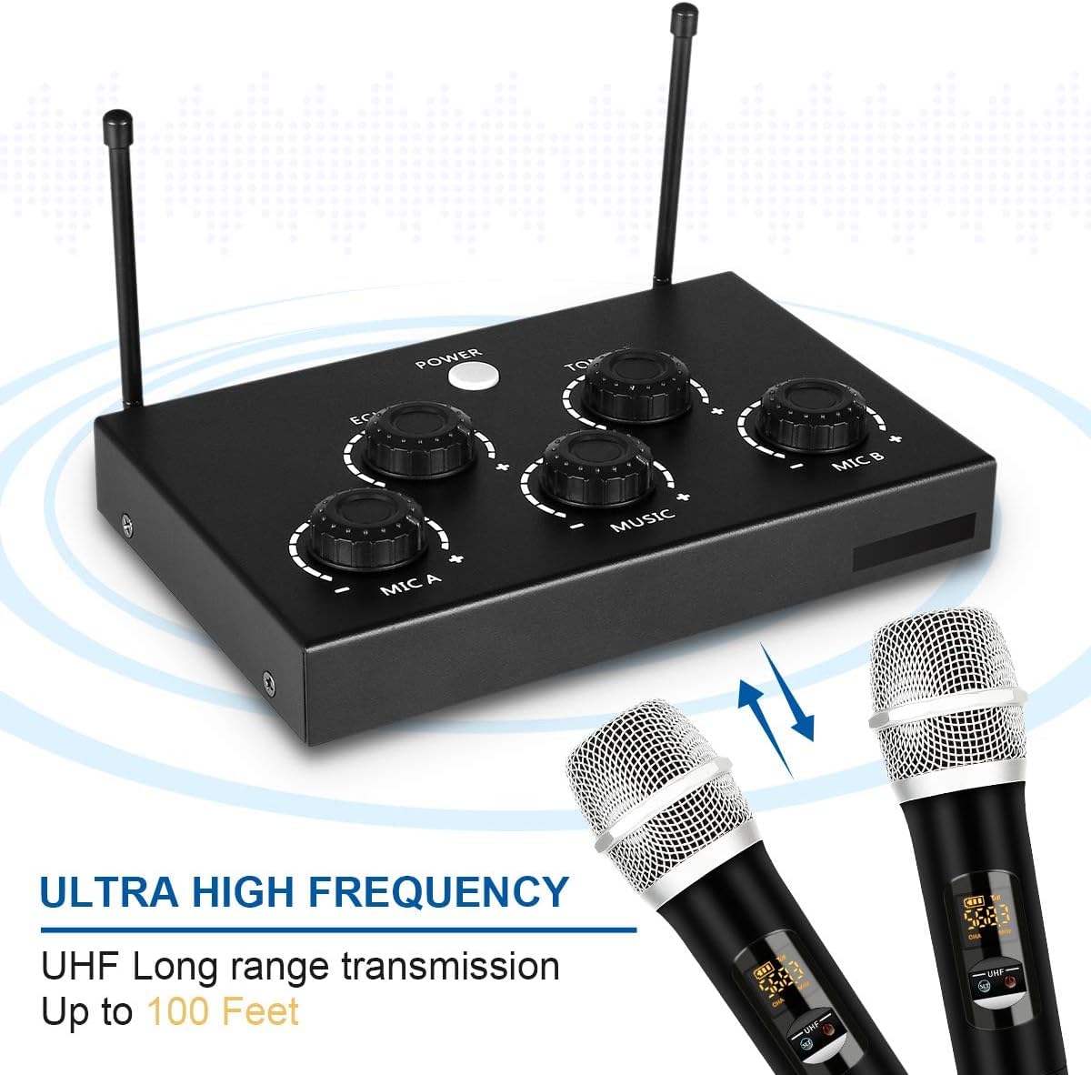 Portable Karaoke Microphone Mixer System Set with Dual UHF Wireless Mic, 3.5mm AUX/Optical/Coaxial in Singing Receiver for KTV, Amplifier, Speaker, PA System, Karaoke Machine, DJ