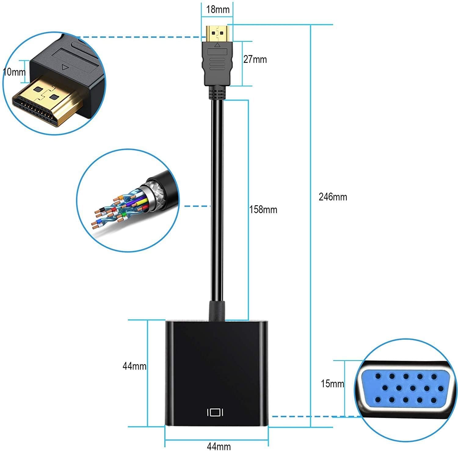 HDMI to VGA Adapter 5 Pack, Gold-Plated Connector (Male to Female)