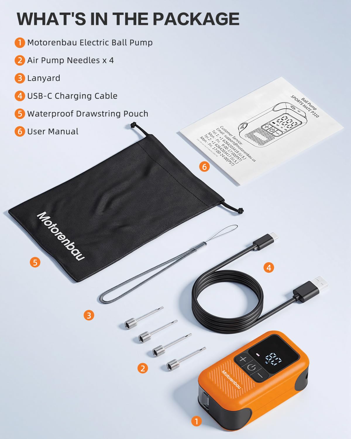 Motorenbau Electric Ball Pump for Sports Balls with LCD Display & LED Light-orange