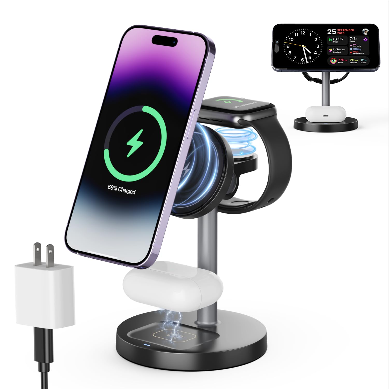 3 in 1 Wireless Charging Station Compatible with MagSafe, 15W Fast Charging Magnetic Mag-Safe Charger Stand for Apple iPhone 17 16 15 14 13 12Series Apple Watch AirPods Pro 4 3 2, Gifts for Men Women