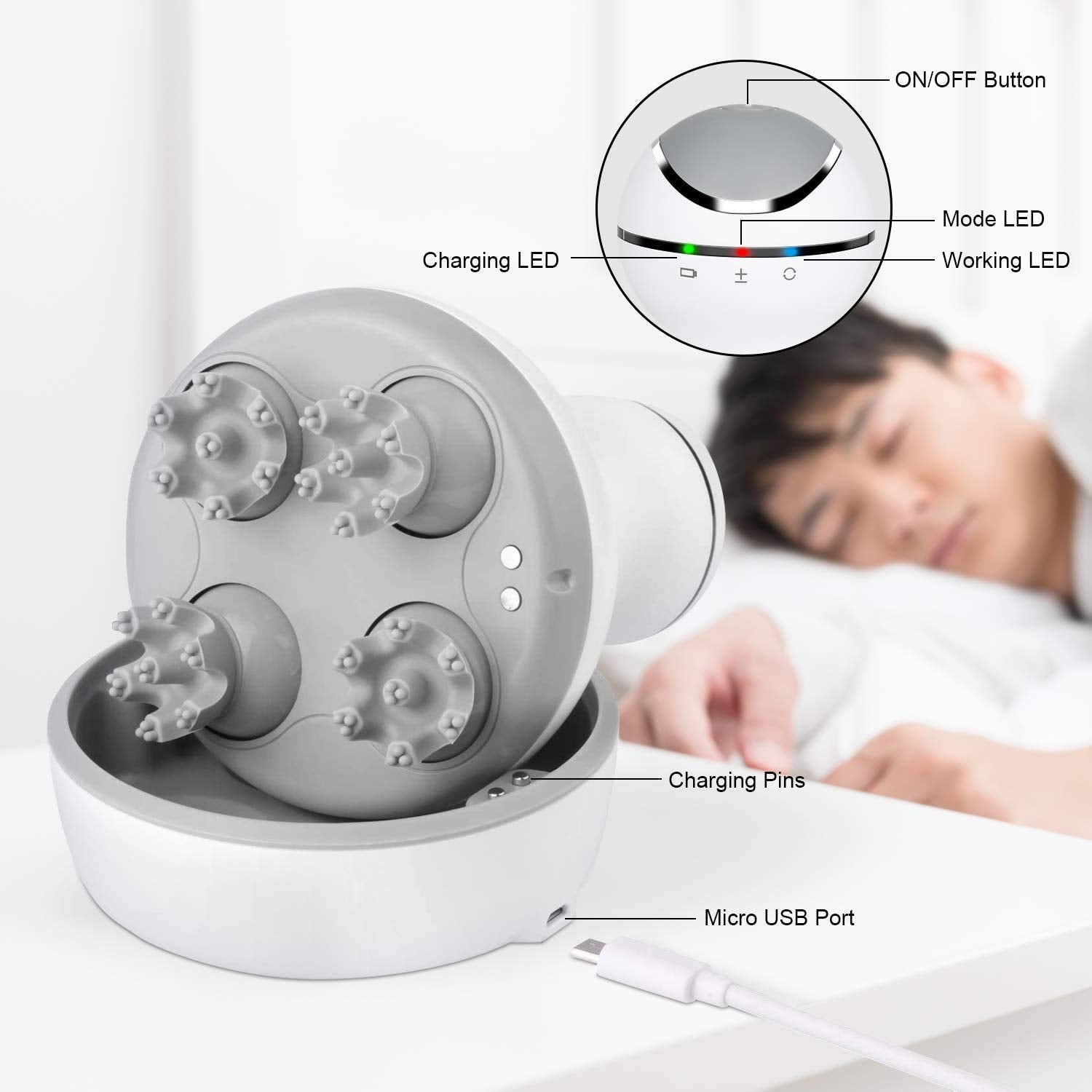 Electric Scalp Head Massager, Waterproof Massager with 4 Heads 84 Nodes for Hair Growth and Stress Release Massage-white