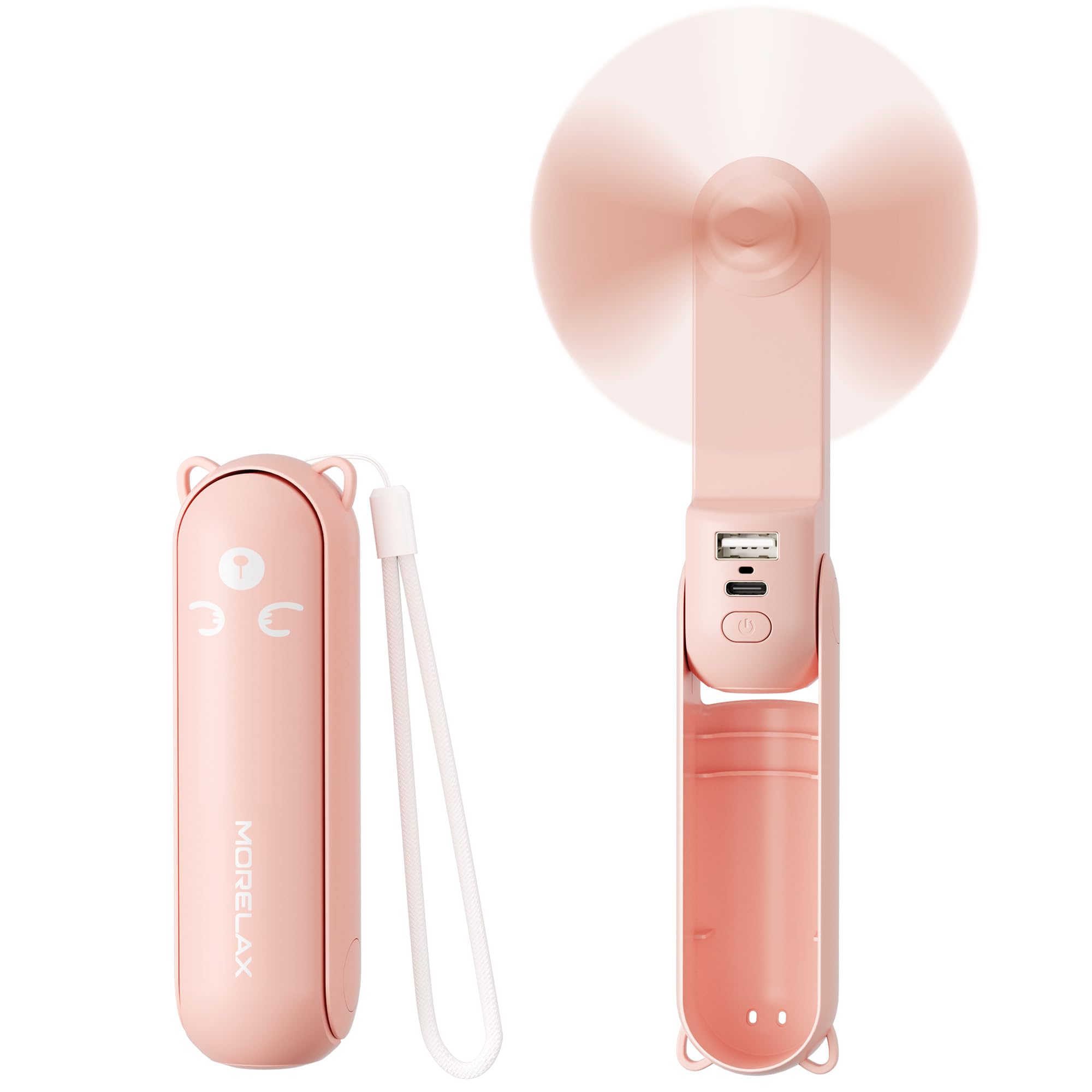 Morelax Portable Fan, Mini Handheld Fan with Power Bank, Cute USB Rechargeable Pocket Fan, Foldable Small Cooling Fan with LED Light, Personal Travel Fan,Summer,Beach Essentials,Summer Gift for Women