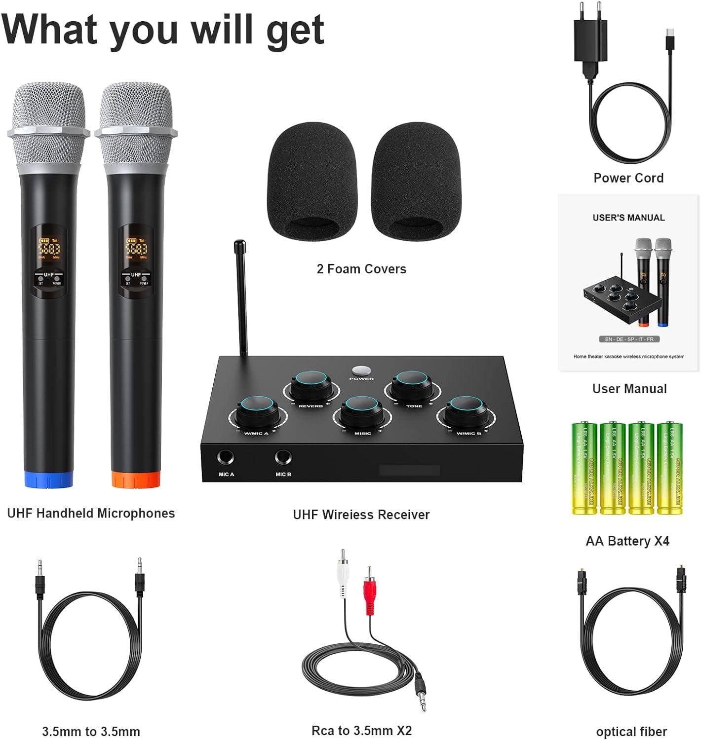Portable Karaoke Microphone Mixer System Set, with Dual UHF Wireless Mic, HDMI-ARC/Optical/AUX & HDMI In/Out in Singing Receiver for Smart TV, PC, KTV, Home Theater, Amplifier, Speaker