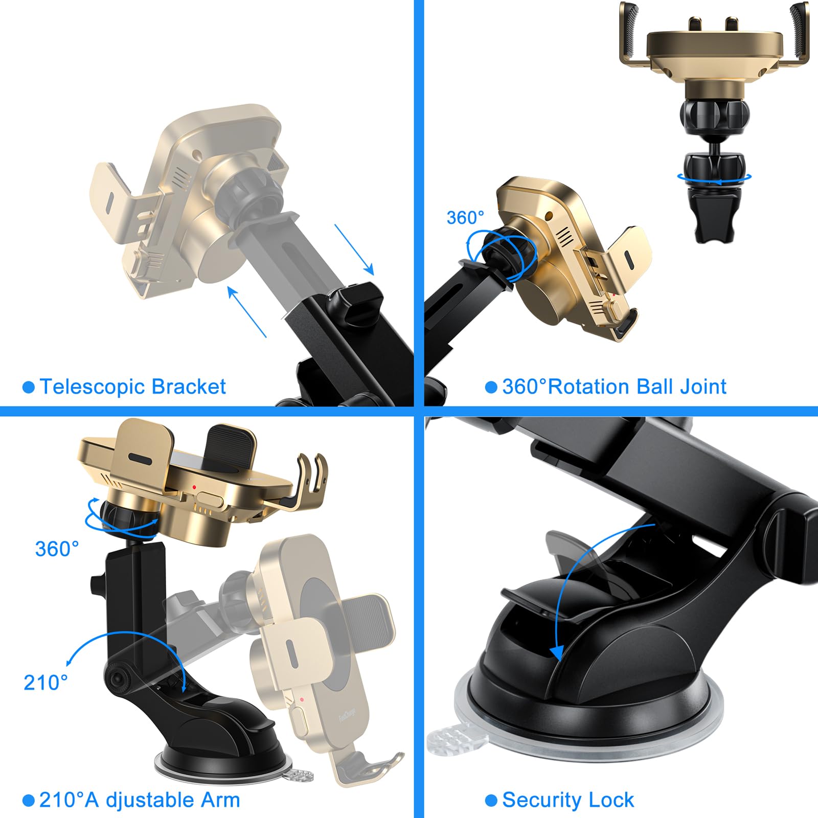 Wireless Car Charger,Fast Charging 15W Auto Clamping Car Charger(Gold)