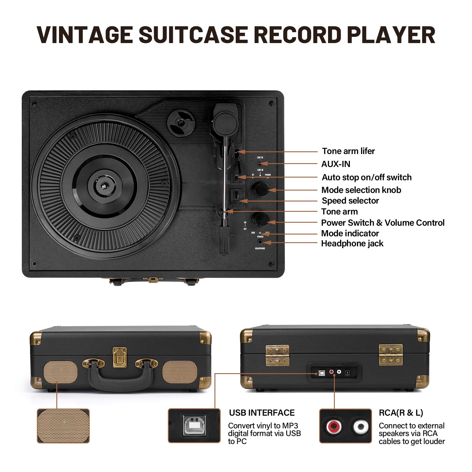 Vinyl Record Player Bluetooth 3-Speed Portable Vintage Suitcase with Built-in Speakers, RCA Line Out AUX in Headphone Jack Vintage Turntable, Black