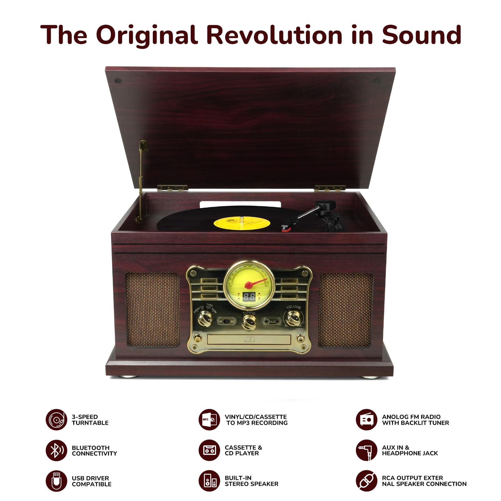 FEKTIK Bluetooth Record Player 10 in 1,FEKTIK 3-Speed Turntable for Vinyl with Speakers, LP to MP3 Converter, CD, Cassette Player, FM Radio, Wireless Streaming | Coffee