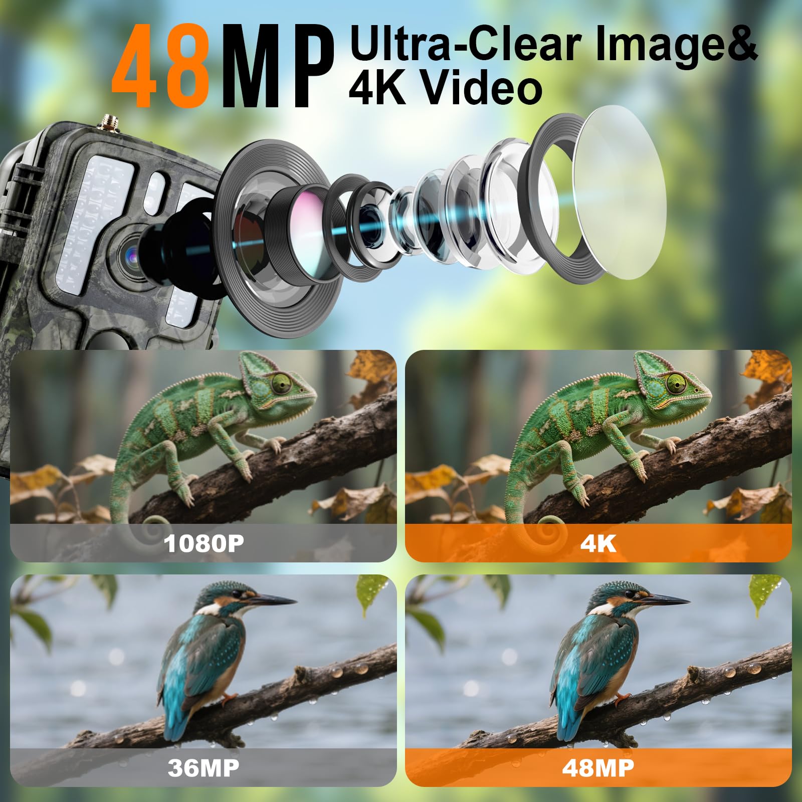 Trail Camera 4K 48MP with Night Vision Motion Activated Waterproof, Game Camera with WiFi Bluetooth, 0.1s Trigger, IR Night Vision 82ft, Outdoor Wildlife Cam with 8 Batteries 32GB SD Card
