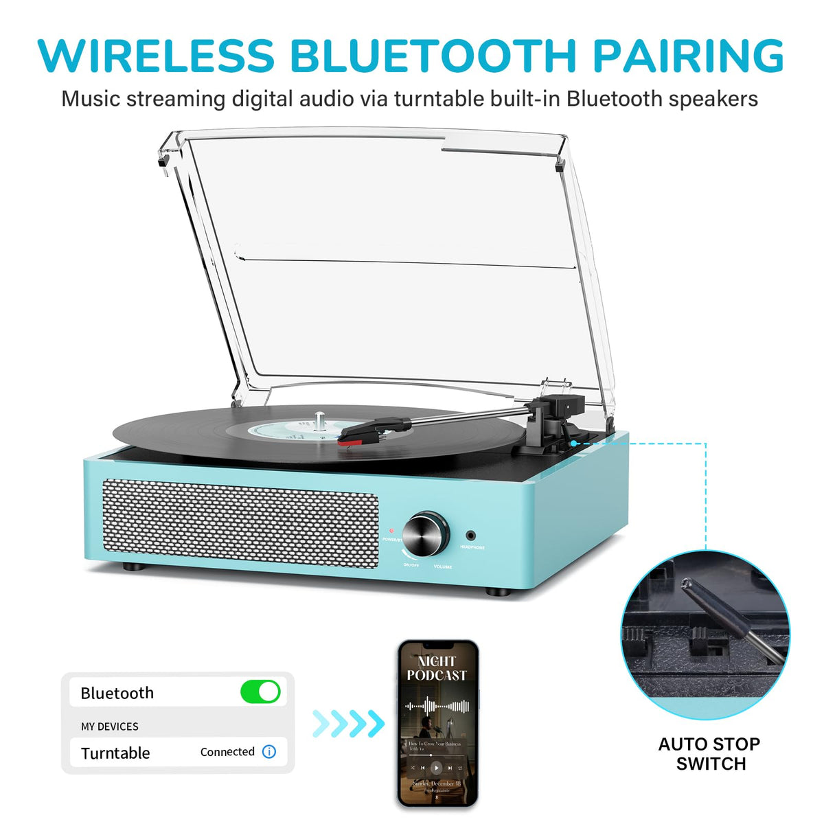 Vinyl Record Player with 2 Stereo Speakers Belt-Driven Vintage Turntables 3 Speed 3 Size Wireless Bluetooth Playback AUX-in RCA Out Headphone LP Vinyl Players Auto Stop Sky Blue
