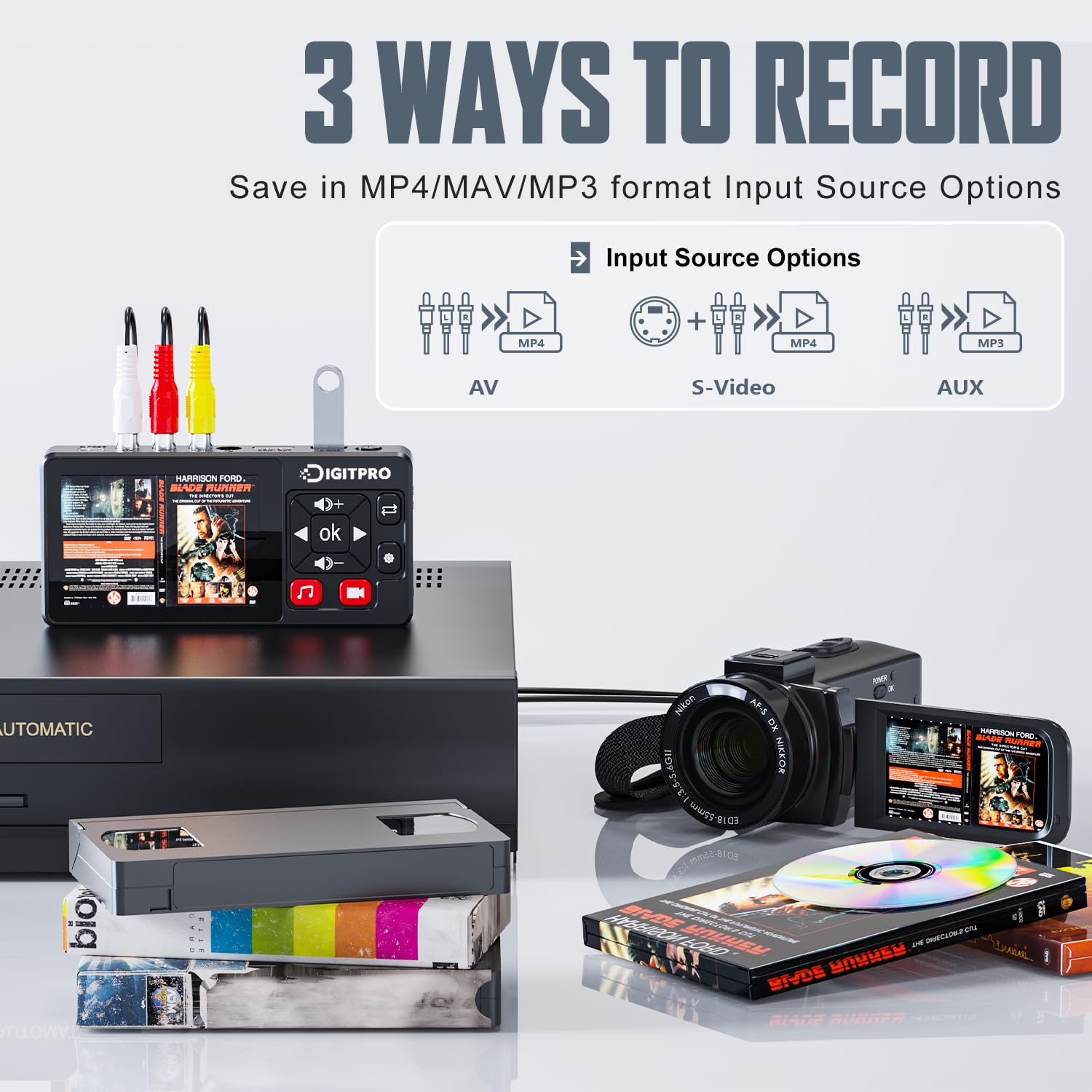 VHS to Digital Converter 2.0, HD Video to Digital Converter Recorder with Remote, Convert Record Analog Video Audio from VHS/VCR, DVR/DVD/Hi8/Mini DV Players/Camcorder to Digital(Players Needed)