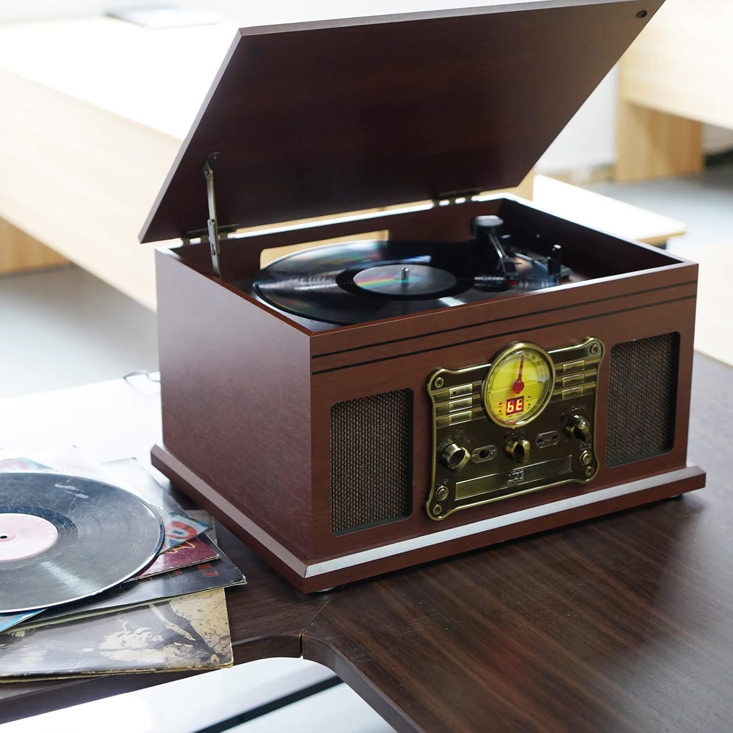 10 in 1 Bluetooth Record Player, 3-Speed Turntable for Vinyl with Speakers, LP to MP3 Converter, CD, Cassette Player, FM Radio, Wireless Streaming | Red Brown