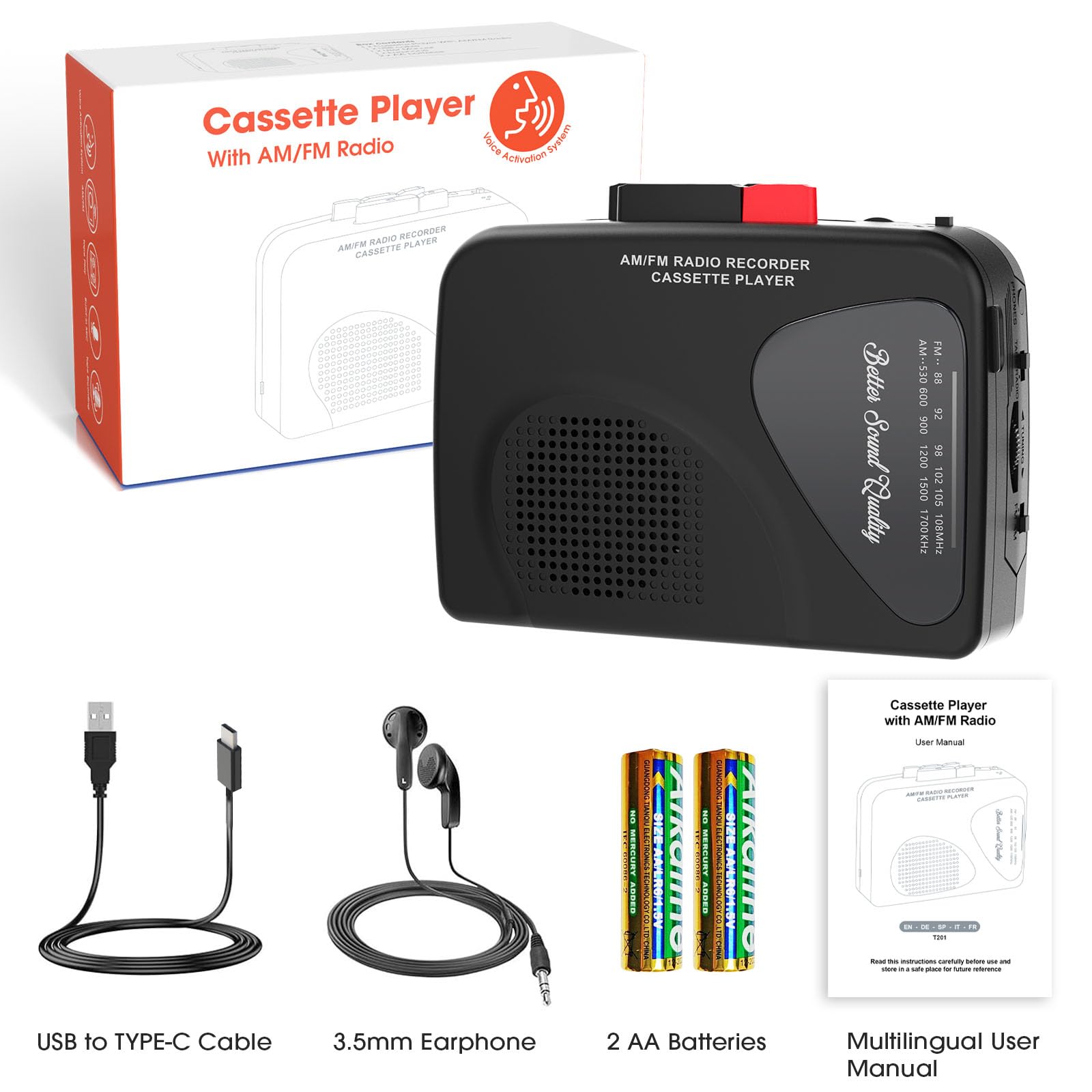 Walkman Cassette Players Recorders AM/FM Radio, Portable Tape Player Records to Tape Built in Speakers Manual Record - 2AA Battery Or DC 5V Supply with 3.5MM Earphone- Black