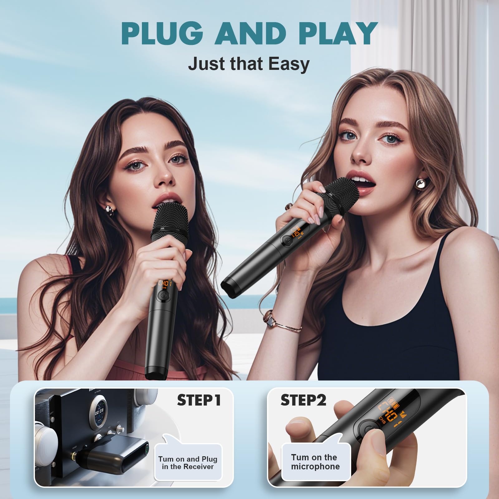 Wireless Microphones, Professional UHF Metal Dual Handheld Cordless Dynamic Mic System with Rechargeable Auto- Receiver, 160 ft Range, Microphone for Karaoke, Party Singing, Lecture, DJ, Wedding