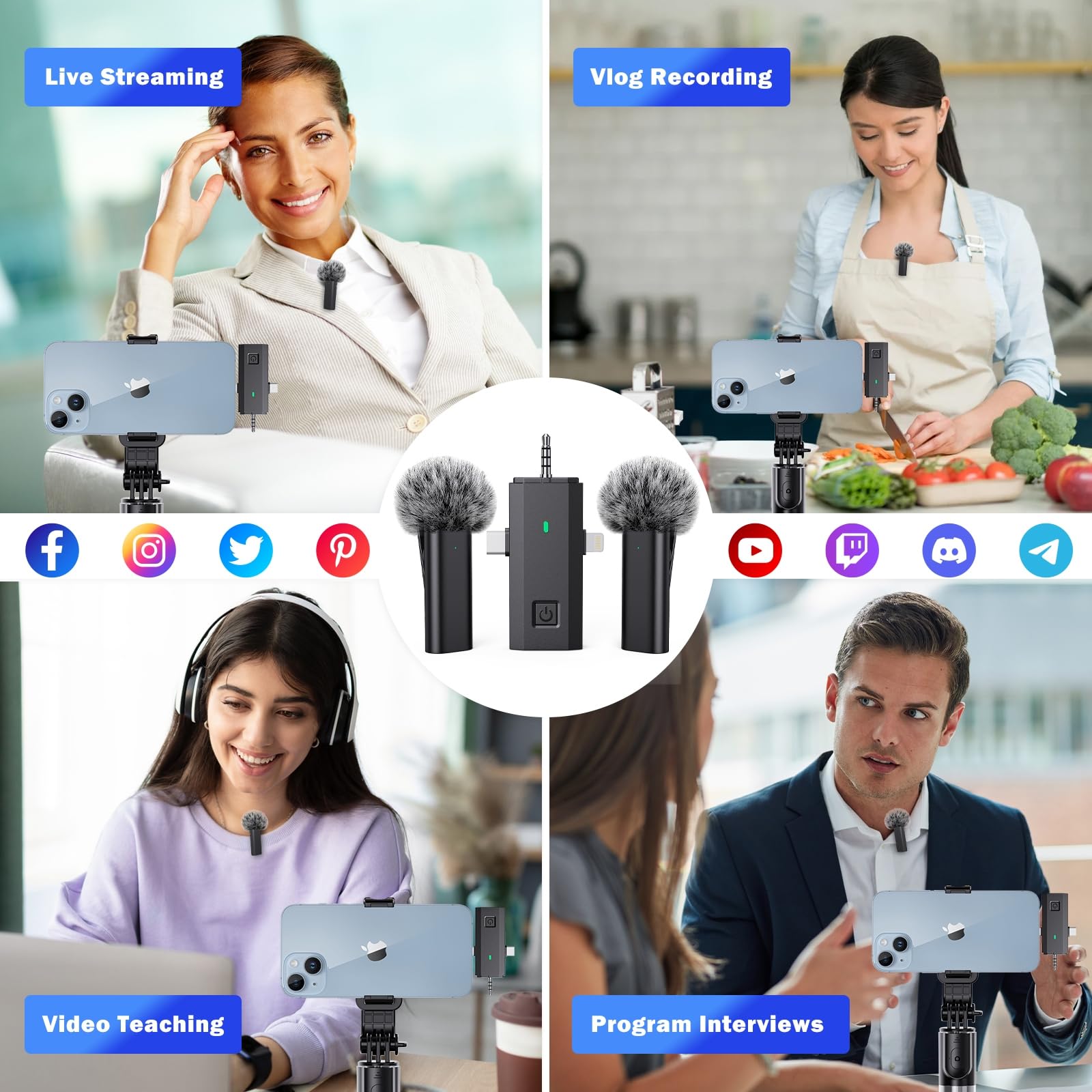 3 in 1 Wireless Microphone for iPhone, iPad, Android, Camera, Mini Lavalier Lapel Mic, USB-C Microphone, 2.4G Ultra-Low Delay, Microphone for Video Recording, Live Streaming, Vlog, TikTok, YouTube
