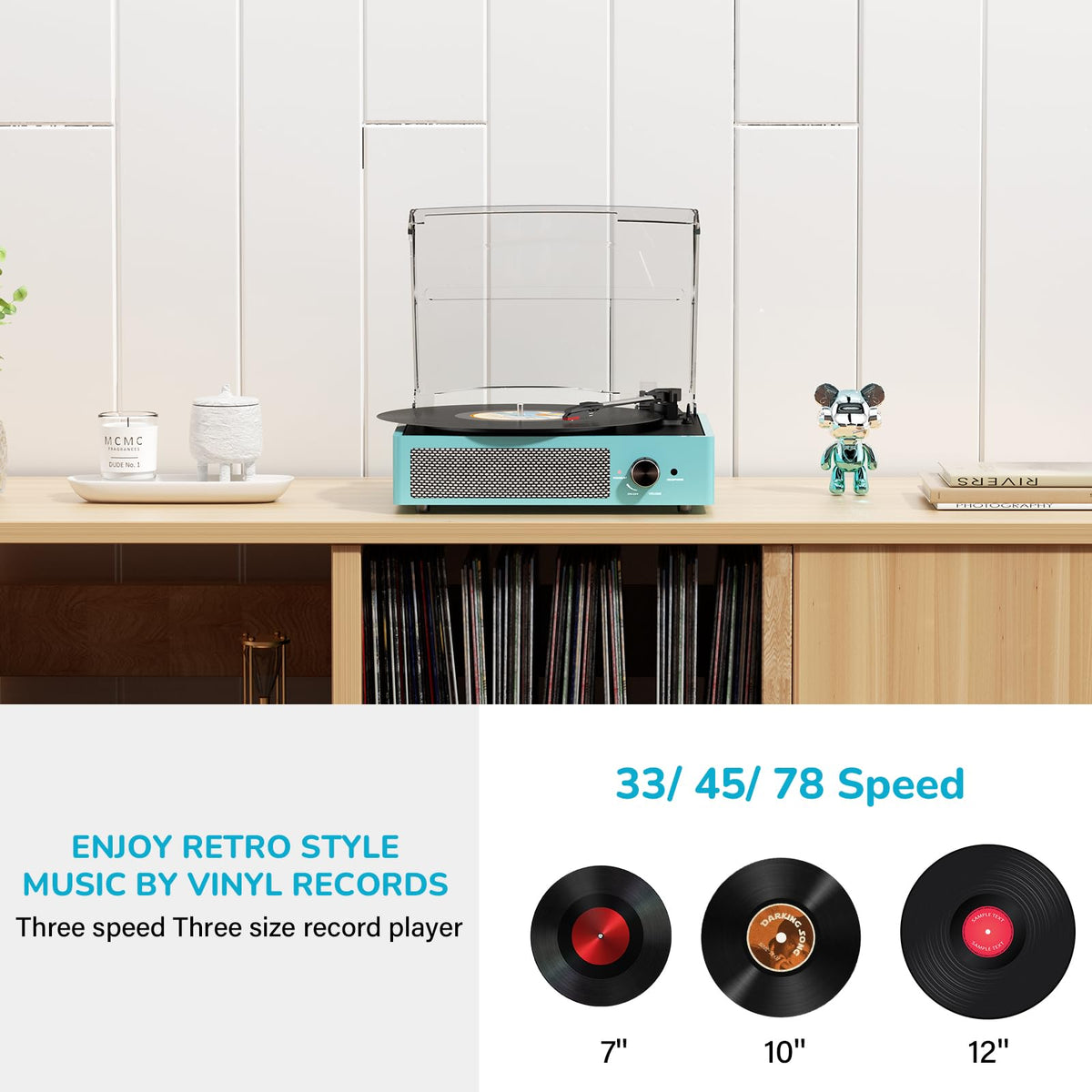 Vinyl Record Player with 2 Stereo Speakers Belt-Driven Vintage Turntables 3 Speed 3 Size Wireless Bluetooth Playback AUX-in RCA Out Headphone LP Vinyl Players Auto Stop Sky Blue