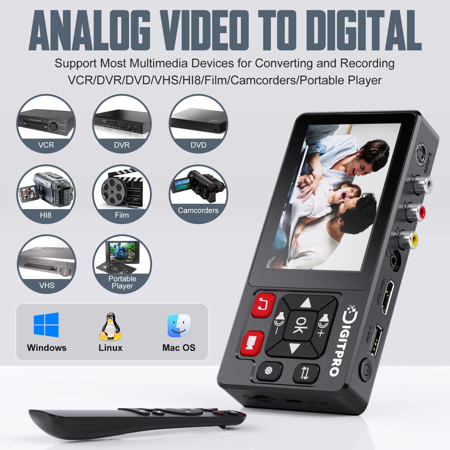 VHS to Digital Converter 2.0, HD Video to Digital Converter Recorder with Remote, Convert Record Analog Video Audio from VHS/VCR, DVR/DVD/Hi8/Mini DV Players/Camcorder to Digital(Players Needed)