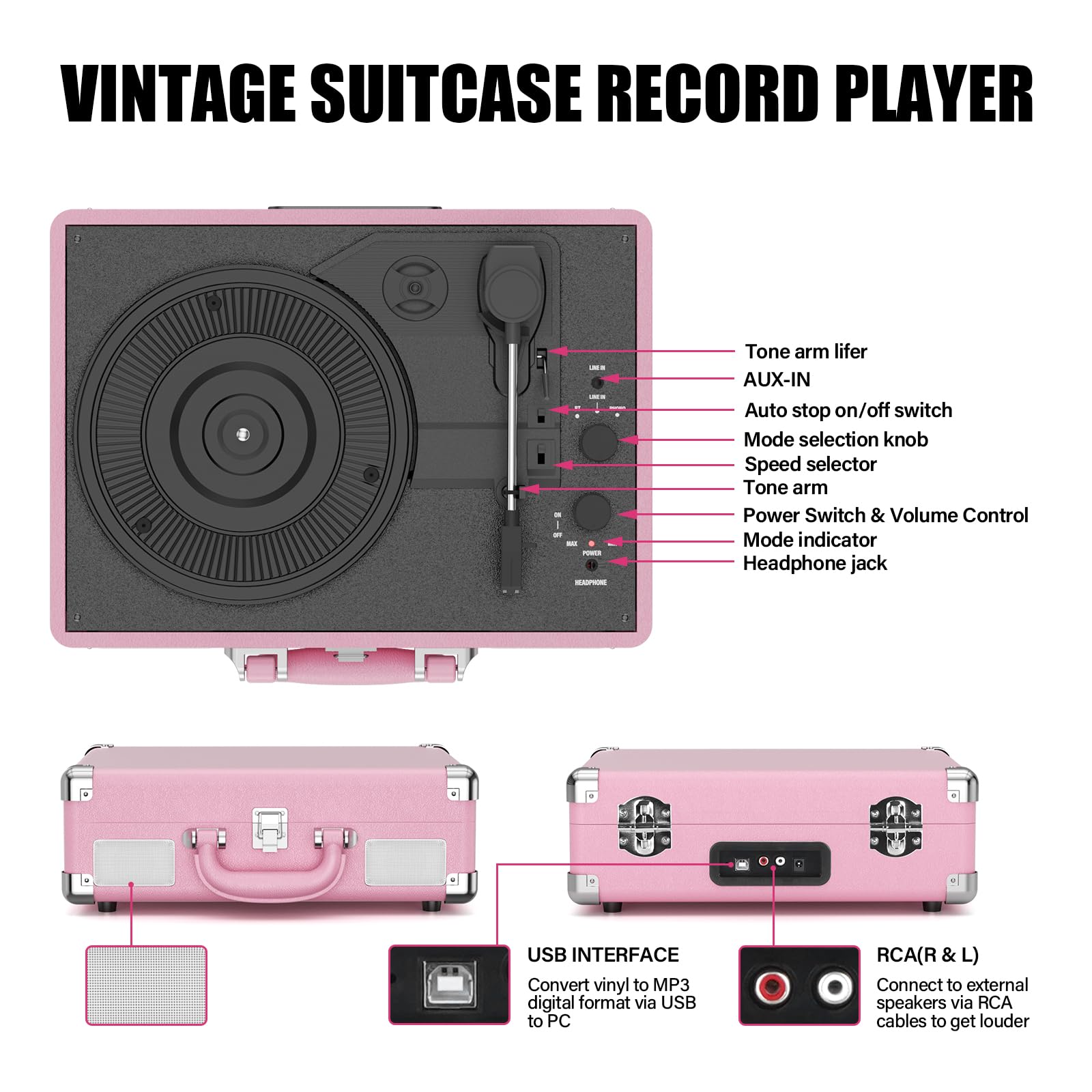 Vinyl Record Player Bluetooth 3-Speed Portable Vintage Suitcase with Built-in Speakers, RCA Line Out AUX in Headphone Jack Vintage Turntable,Pink