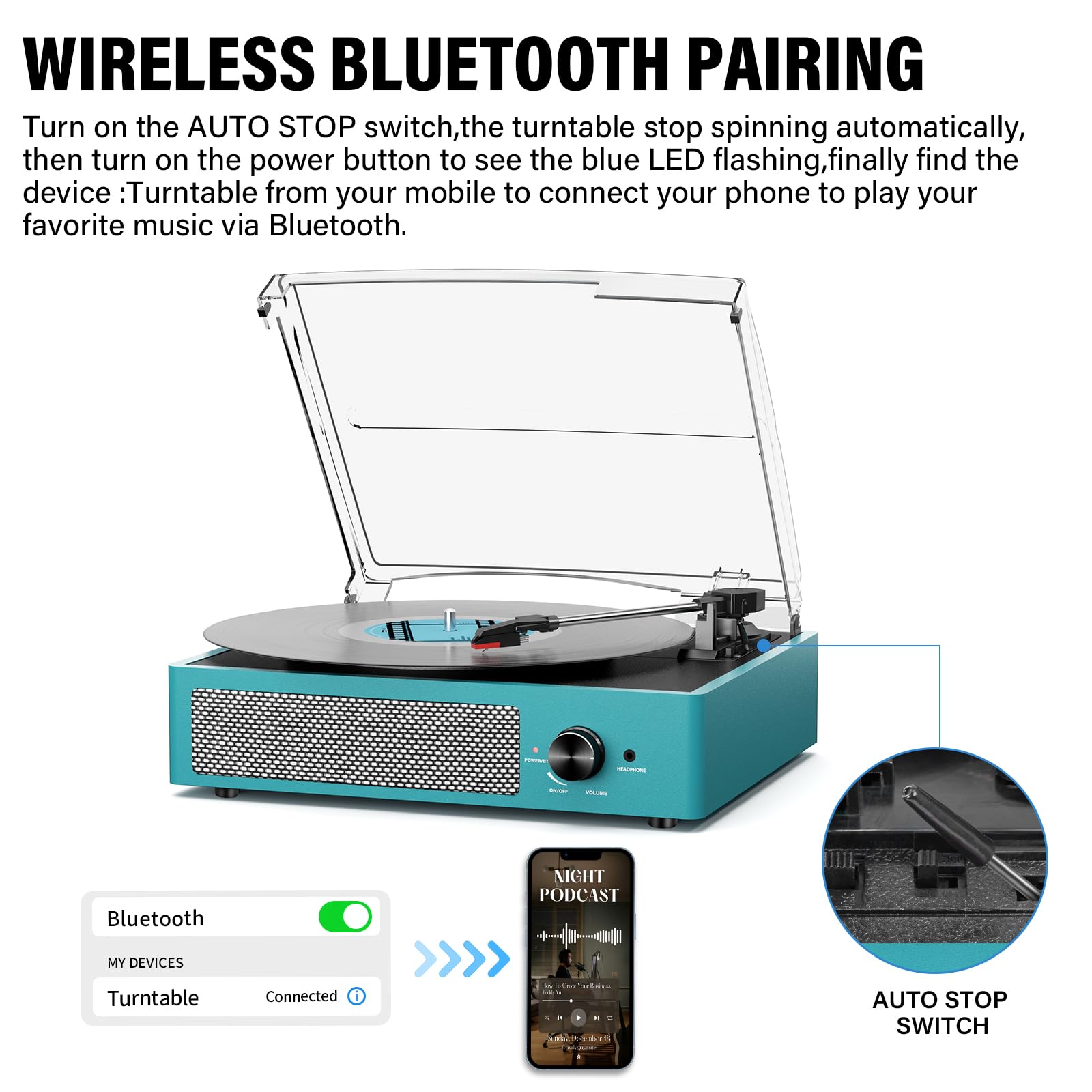 Digitnow Record Player – Vinyl Player with Bluetooth Sea Blue