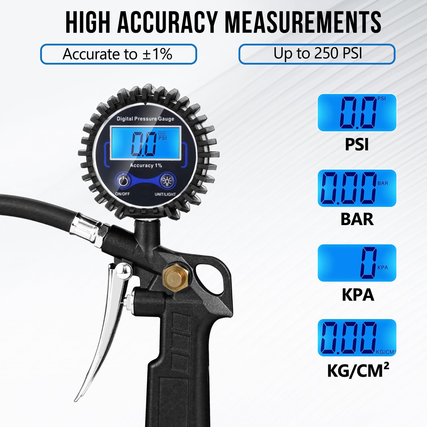 DigitPro Digital Tire Pressure Gauge with Inflator, Air Compressor Accessories with Air Chuck Quick Connect Coupler, Car Attachments with Rubber Hose for Car, Truck, SUV, Cycle, RV, 250 PSI