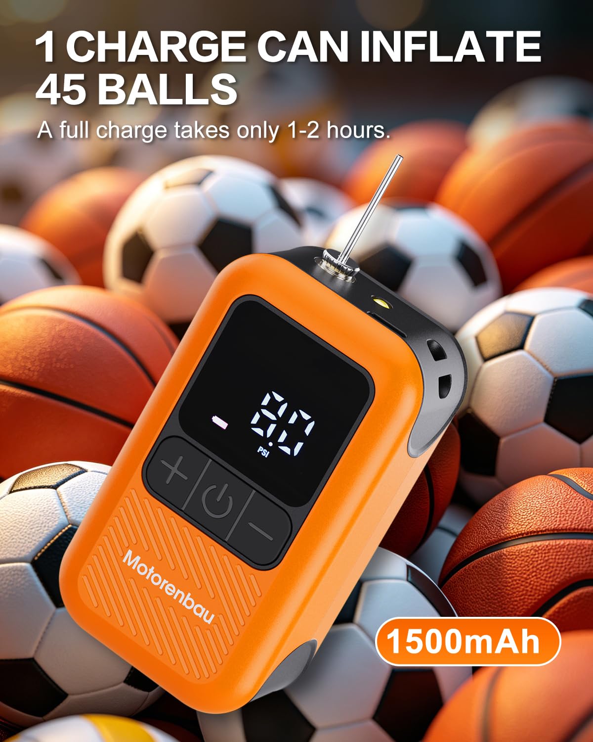 Motorenbau Electric Ball Pump for Sports Balls with LCD Display & LED Light-orange