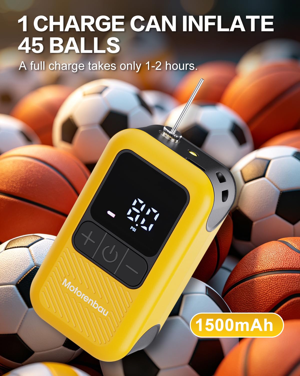 Motorenbau Electric Ball Pump for Sports Balls with LCD Display & LED Light-yellow