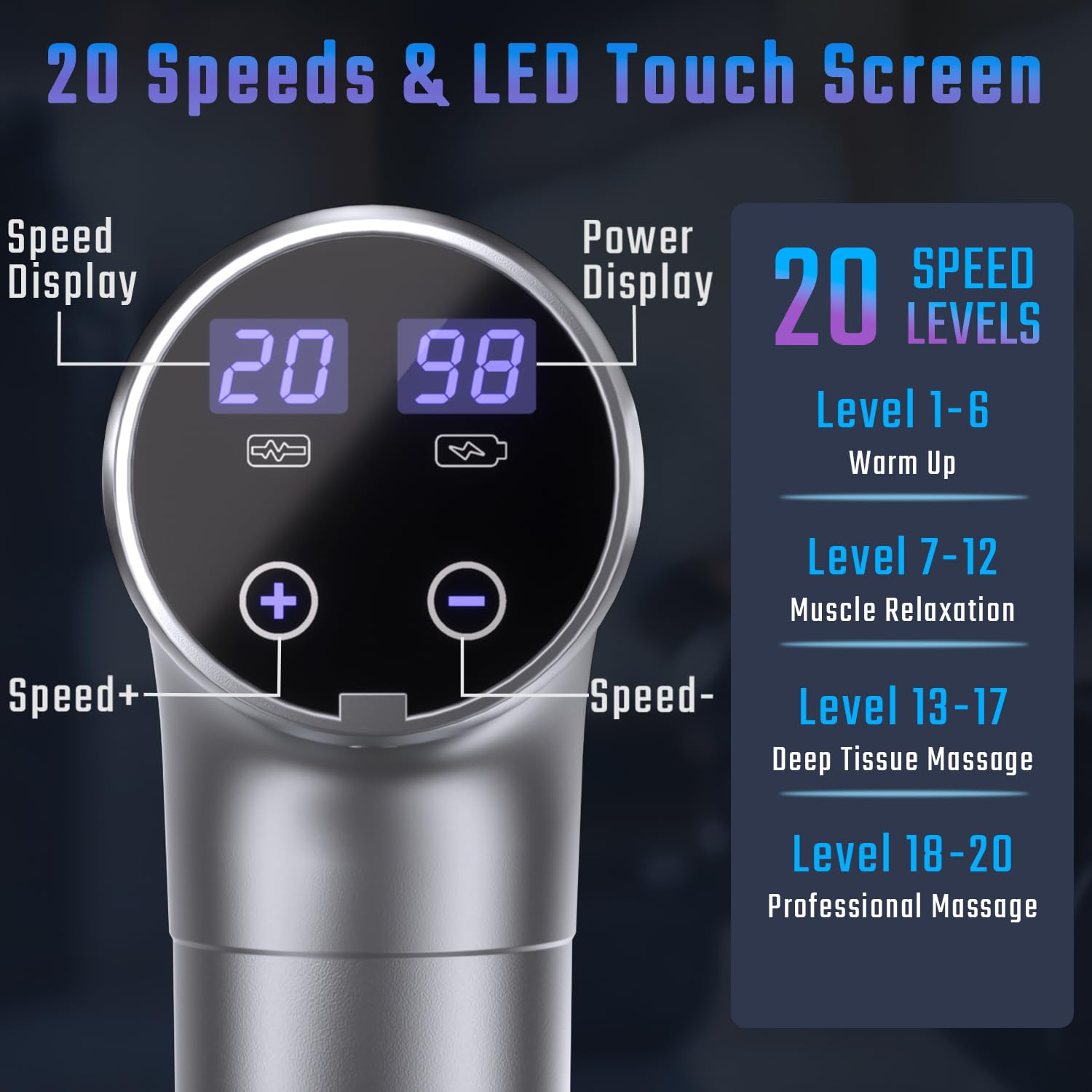 Massage Gun, Muscle Massage Gun Deep Tissue Back Massager for Pain Relief, 20 Speeds Handheld Electric Massager Tool with Silent Brushless Motor, Suitable for Gym Office Home Travel (Silver Grey)