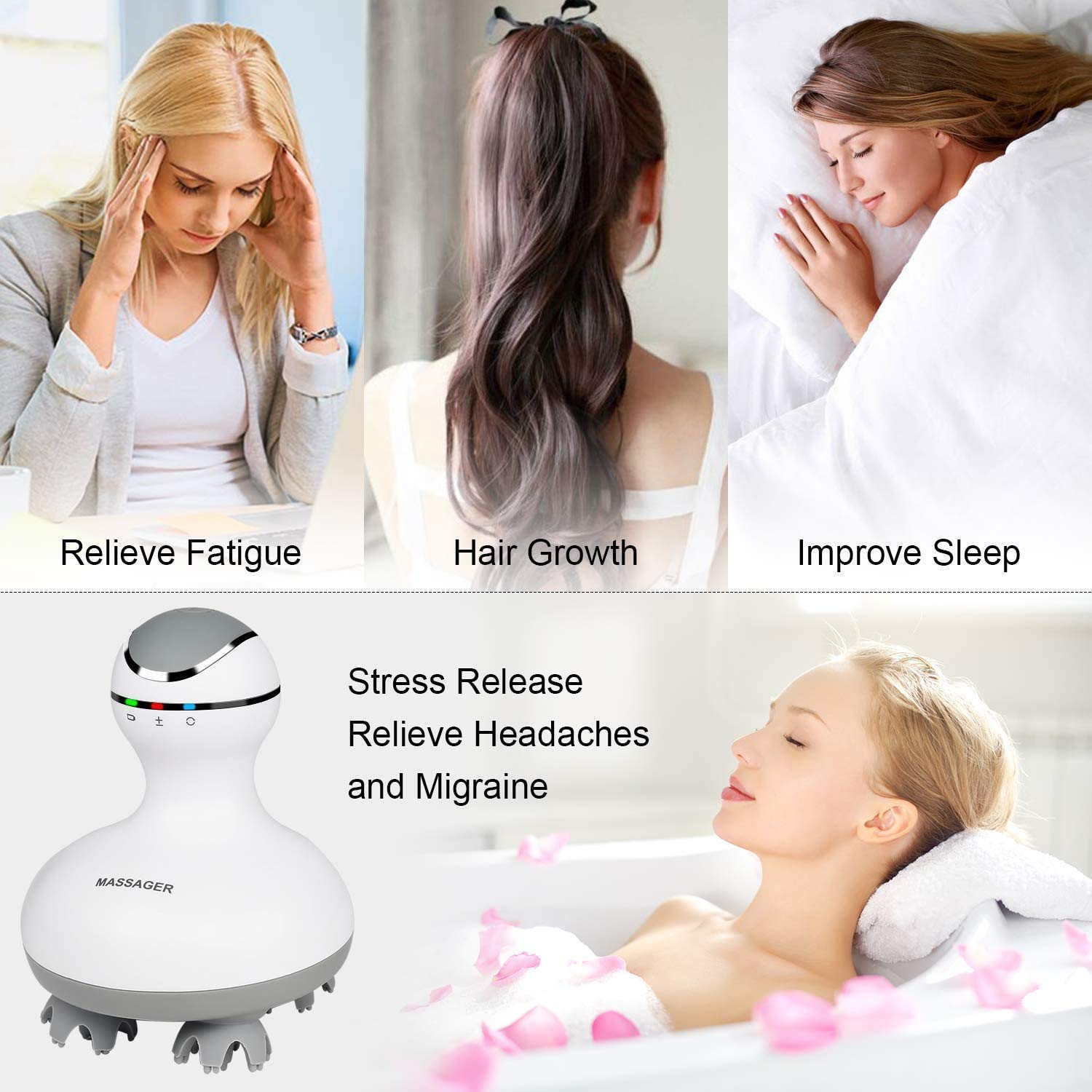 Electric Scalp Head Massager, Waterproof Massager with 4 Heads 84 Nodes for Hair Growth and Stress Release Massage-white