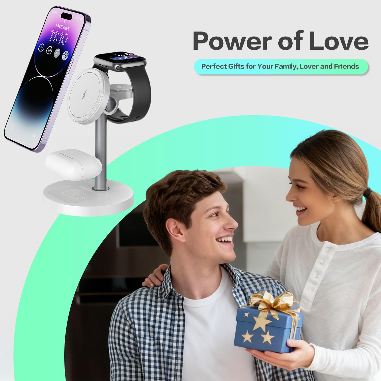 3 in 1 Wireless Charging Station Compatible with MagSafe, 15W Fast Charging Magnetic Mag-Safe Charger Stand for Apple iPhone 17 16 15 14 13 12Series Apple Watch AirPods Pro 4 3 2, Gifts for Men Women