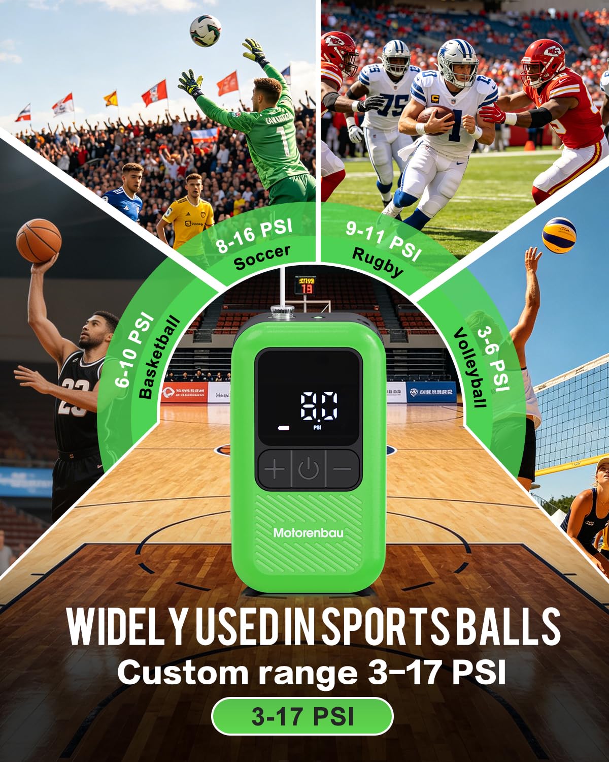 Motorenbau Electric Ball Pump for Sports Balls with LCD Display & LED Light-green