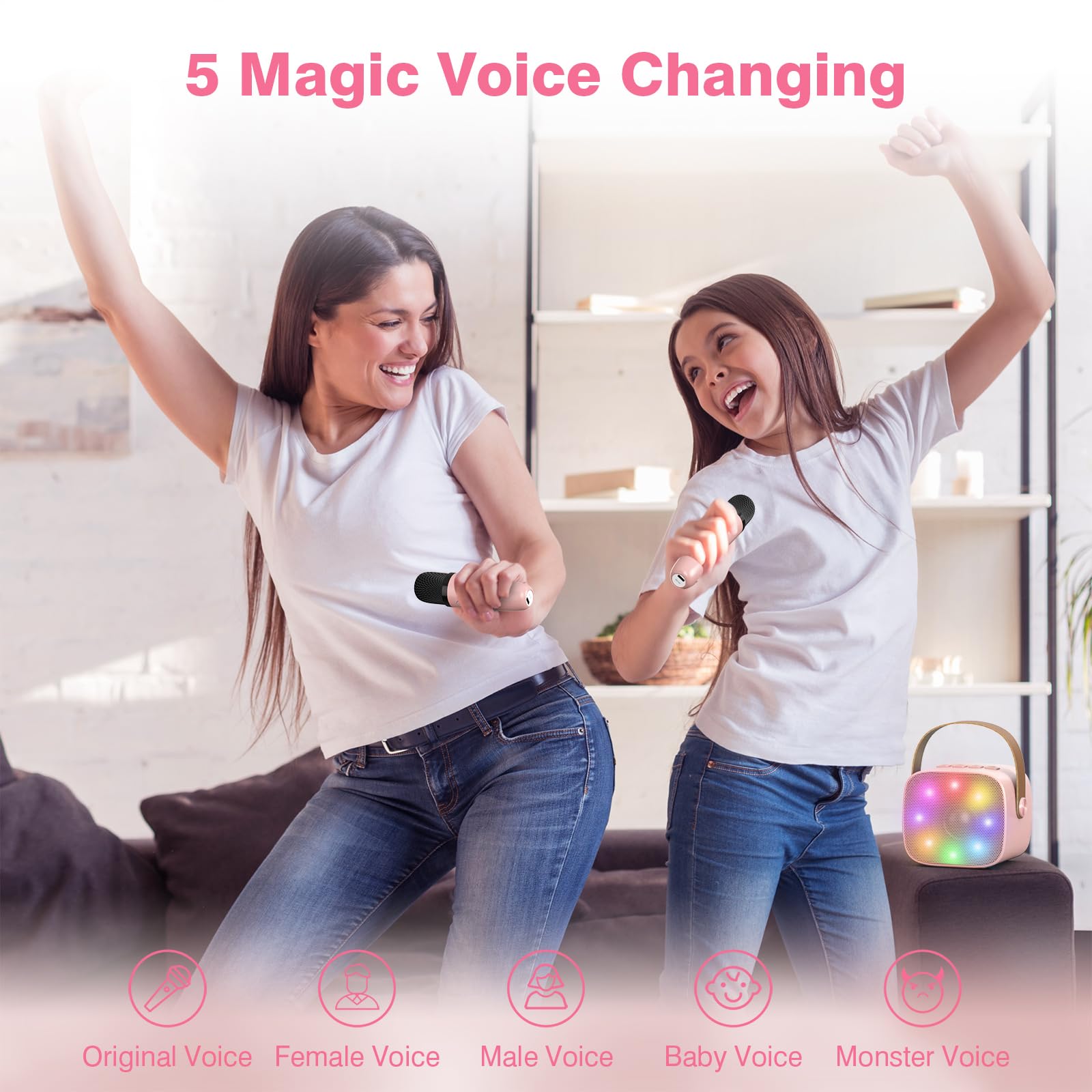 Mini Karaoke Machine for Kids Adults, Portable Bluetooth Karaoke Speaker with 2 Wireless Microphones for Girls Boys 3-11,12+ Years Old, Gifts for Family Home Birthday Party