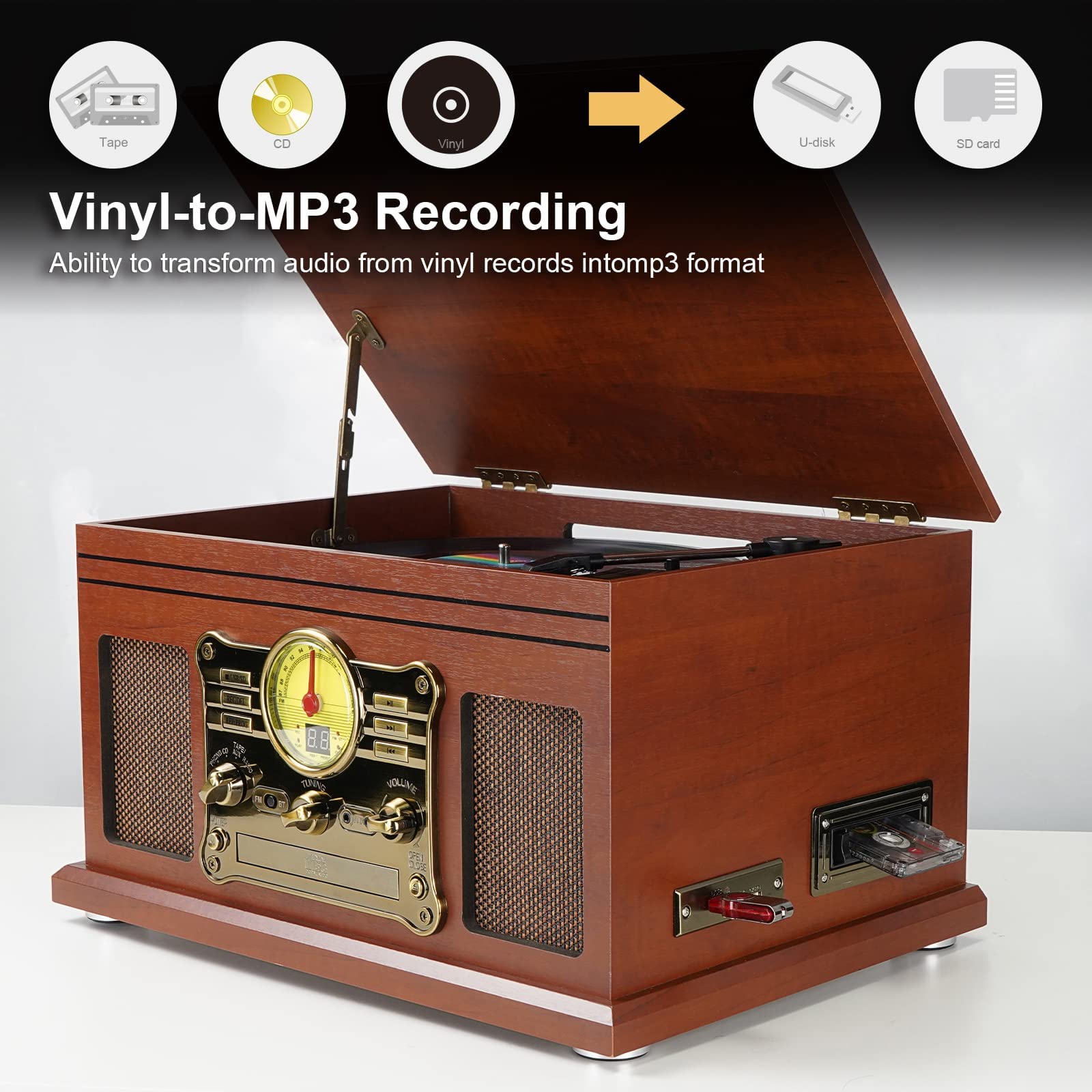 Bluetooth Record Player 10 in 1, 3-Speed Turntable for Vinyl with Speakers, LP to MP3 Converter, CD, Cassette Player, FM Radio, Wireless Streaming | Mahogany