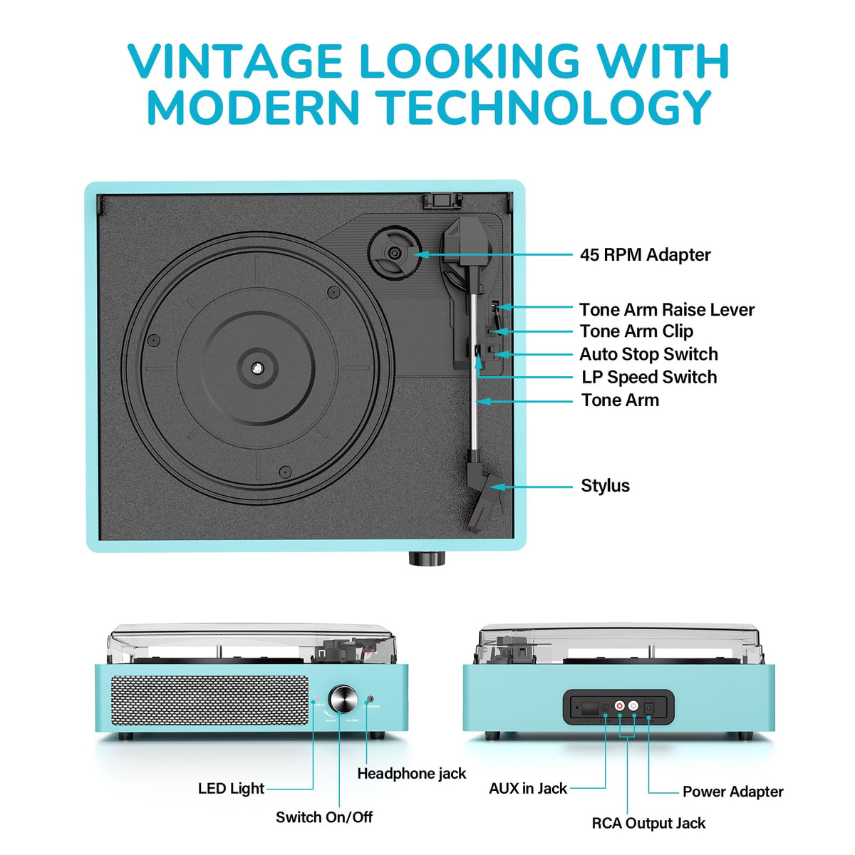 Vinyl Record Player with 2 Stereo Speakers Belt-Driven Vintage Turntables 3 Speed 3 Size Wireless Bluetooth Playback AUX-in RCA Out Headphone LP Vinyl Players Auto Stop Sky Blue