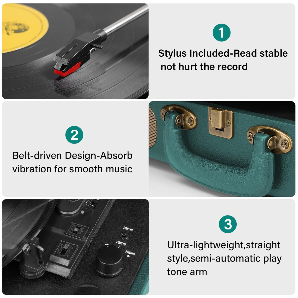 Vinyl Record Player Bluetooth Turntable 3-Speed Suitcase Portable Vintage Belt-Driven Record Player with Built-in Speakers RCA Line Out AUX in Headphone Jack Hunter Green