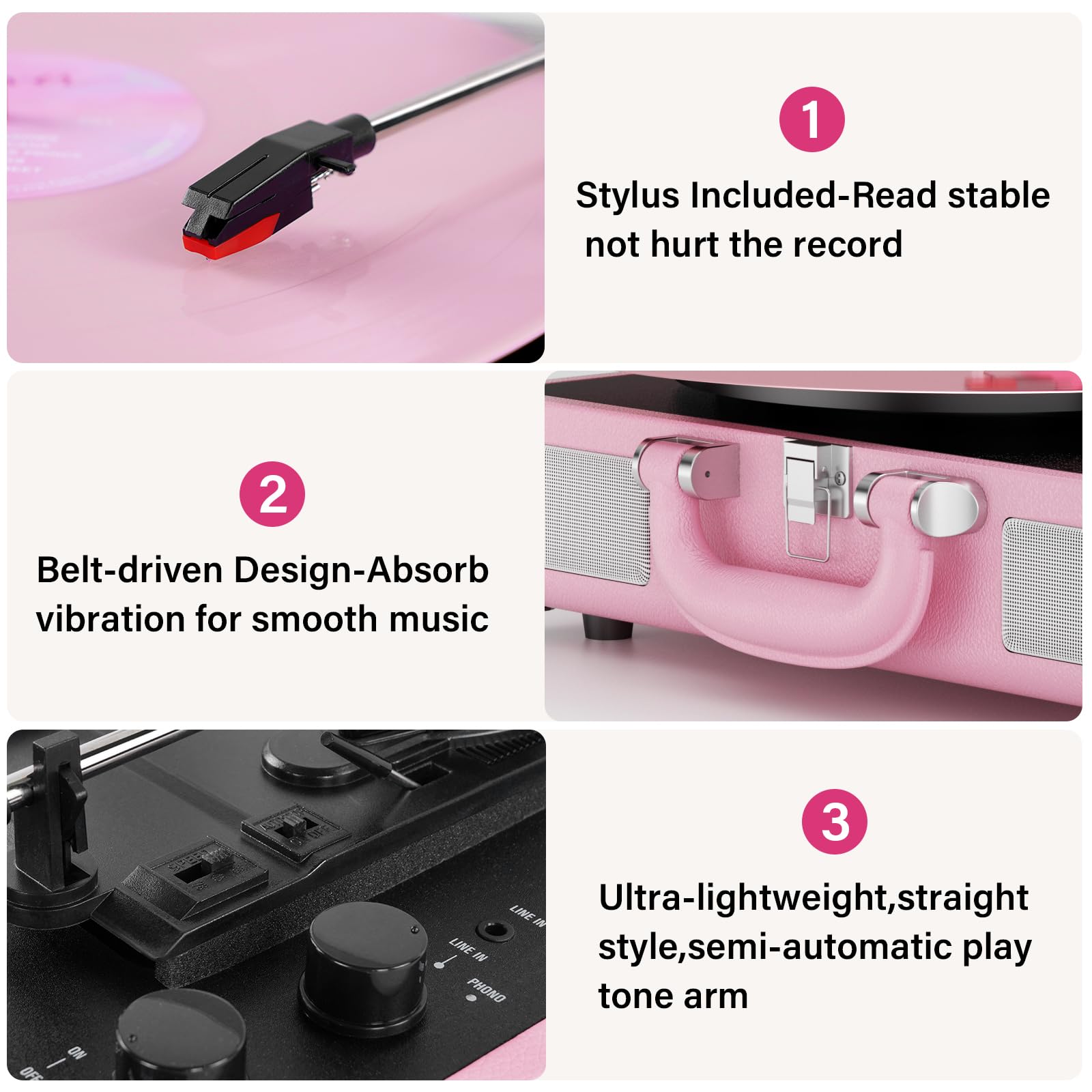 Vinyl Record Player Bluetooth 3-Speed Portable Vintage Suitcase with Built-in Speakers, RCA Line Out AUX in Headphone Jack Vintage Turntable,Pink